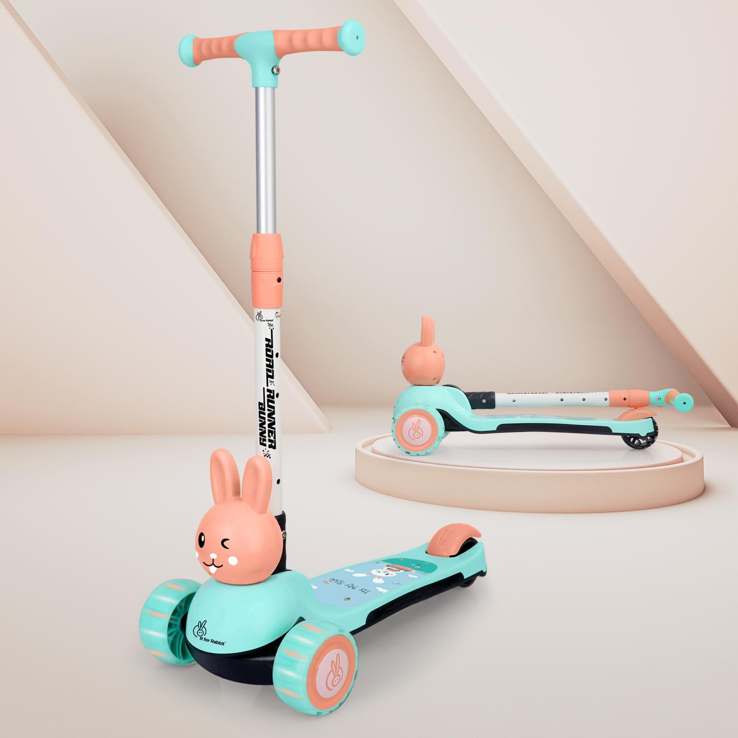 R for Rabbit Road Runner Bunny Kids Scooter, 3 Level Adjustable Height, Smart Fold & PU LED Wheels Kick Scooter with Brake for 3+ Years Kids, Weight Capacity Upto 75kgs (Green Peach)