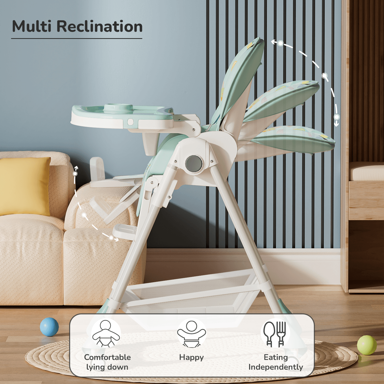 R for Rabbit Marshmallow High Chair for Baby, Multiple Recline Position High Chair with 7 Level Height Adjustment and 3-Recline Modes with adjustable Footrest, 6 Months to 5 Years (Candy Blue)