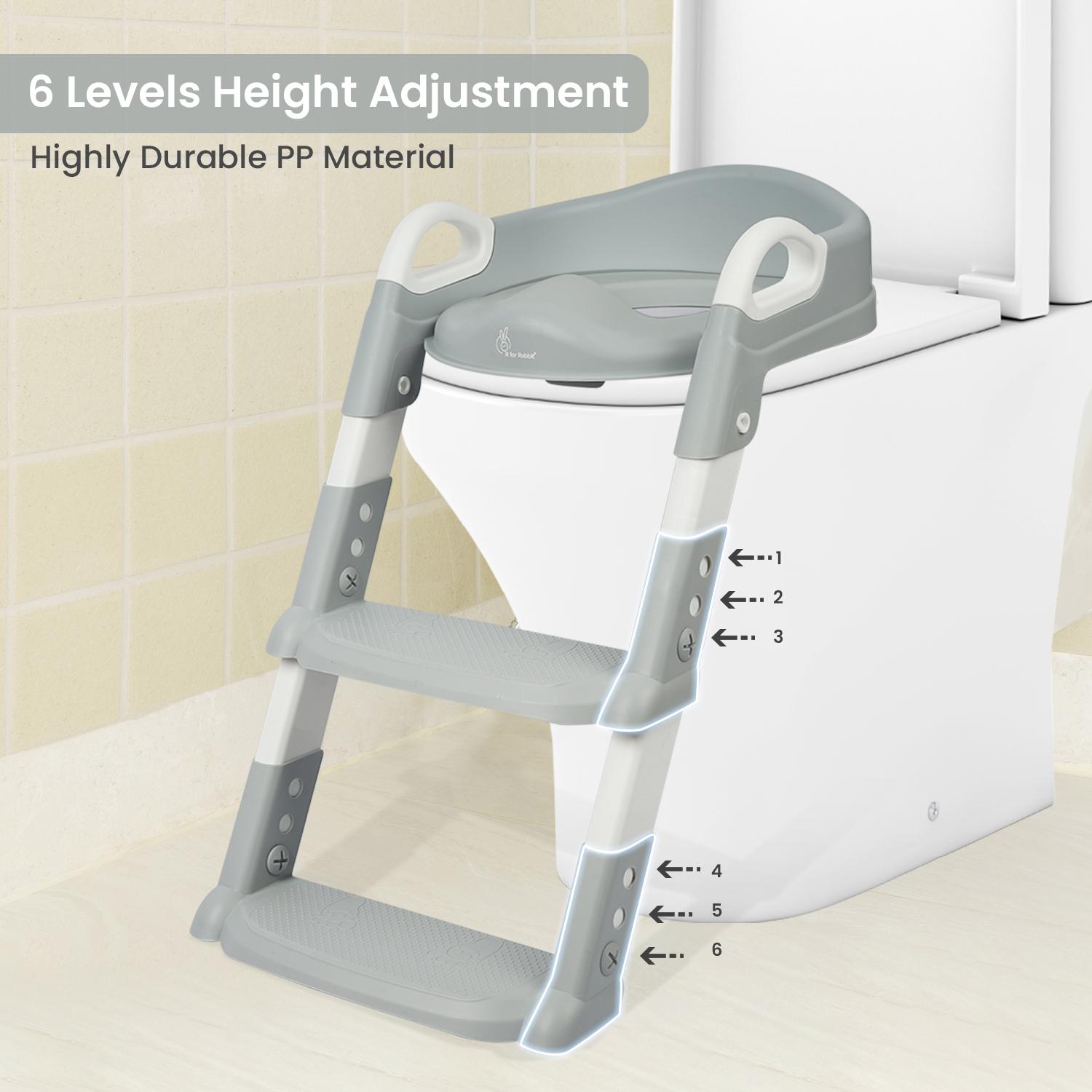R for Rabbit Hilltop Step Stool Potty Trainer Seat Ladder Step Up Training Stool Non-Slip Steps Ladder Adjustable Foldable for Kids Baby 1 to 7 Years (Grey White)