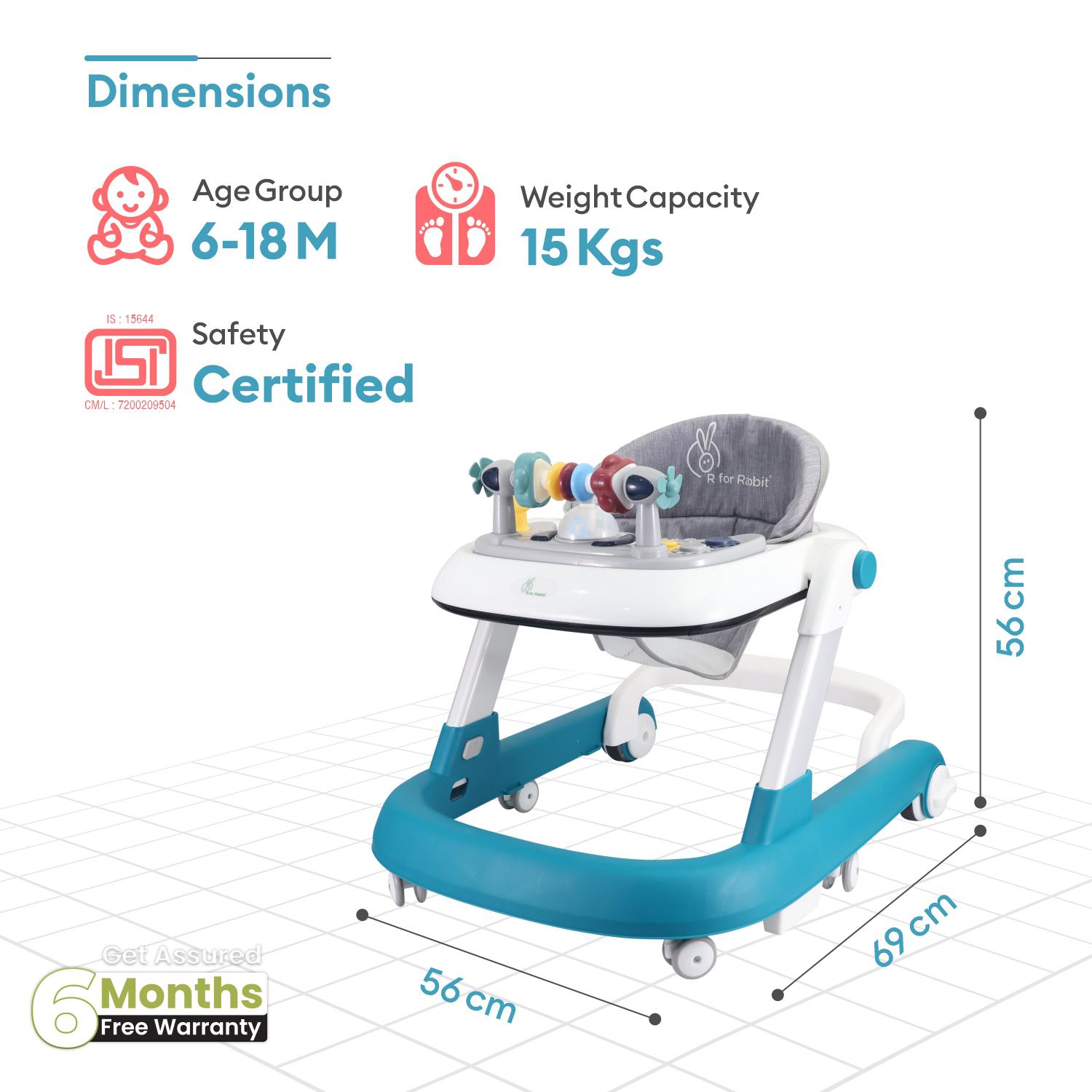 R for Rabbit Little Feet Walker Baby Anti Fall Convertible Push Walker for 6-8 Months Kids with Adjustable Speed Wheels, 2 Levels Height Adjustment Detachable Toy Bar with Music -Light (Blue)