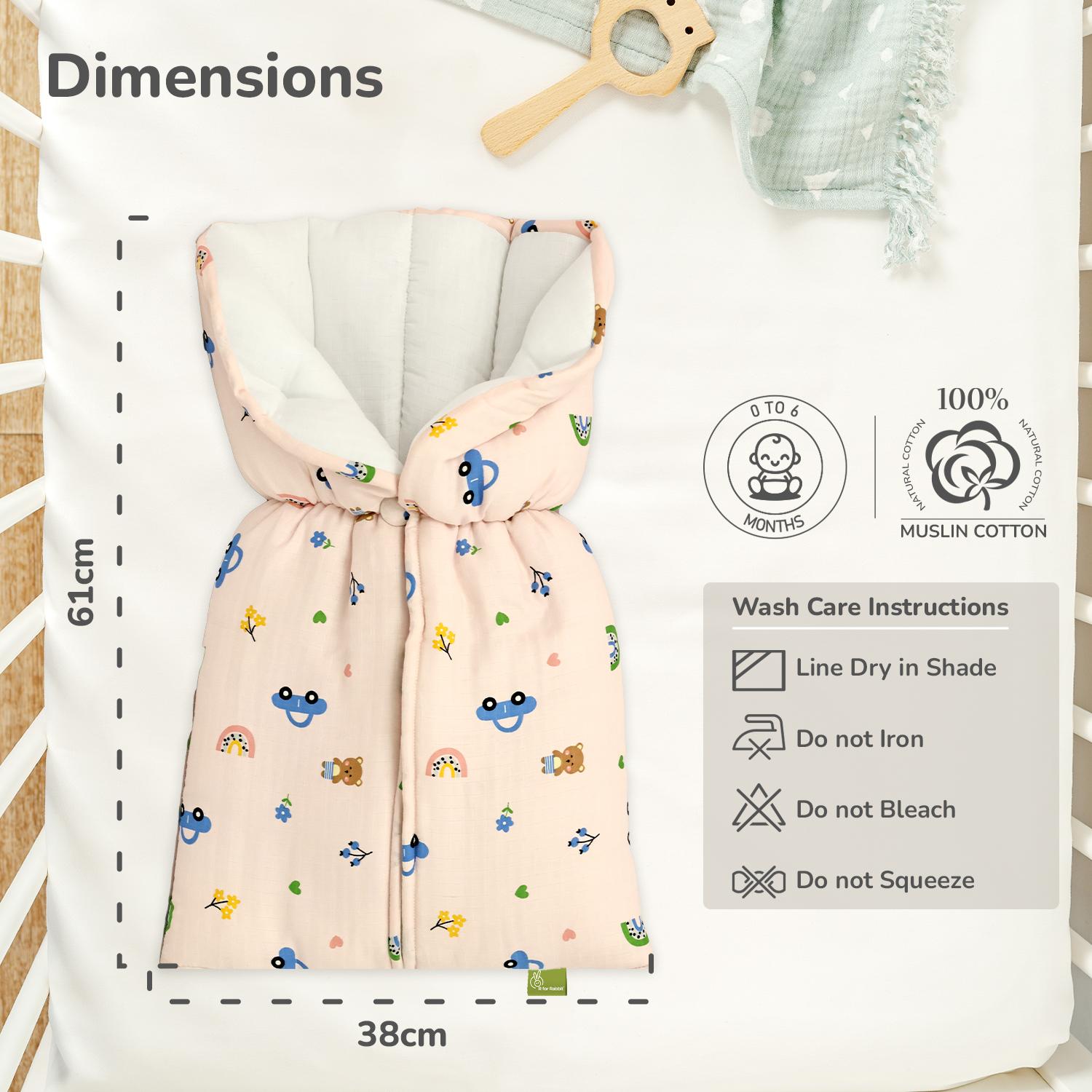 R for Rabbit Snuggy Bliss Baby Sleeping Bag Bedding Set | Premium 100% Muslin Cotton Carrying Nest for New Born Babies & Infant | Travel Friendly for 0-6 Months Baby Girl and Boy (Teddy Pink)