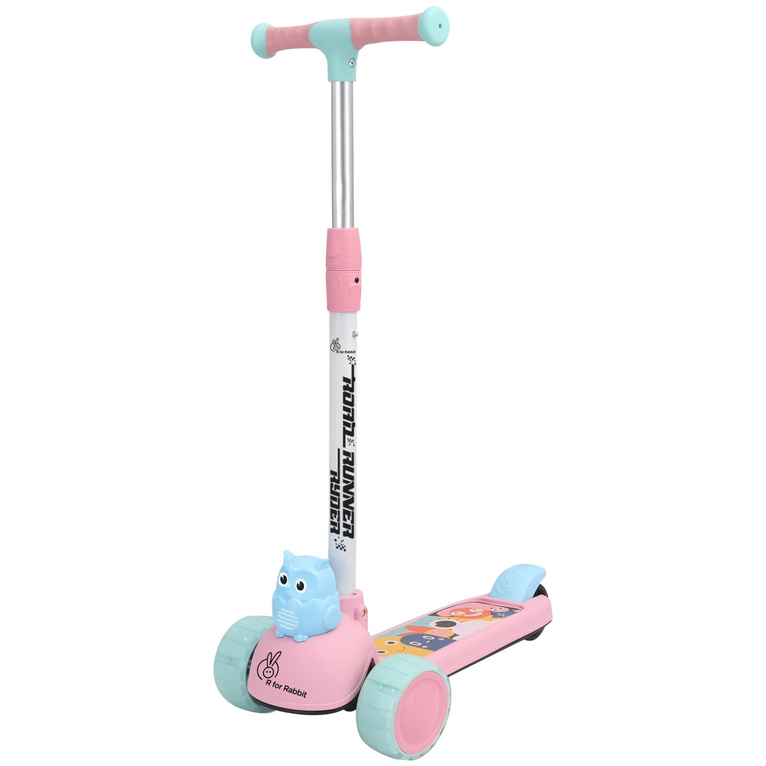 R for Rabbit Road Runner Ryder Kids Scooter, 3 Level Adjustable Height Wide Deck & PU LED Wheels Kick Scooter with Brake for 3+ Years Kids, Weight Capacity Upto 50kgs (Pink Blue)