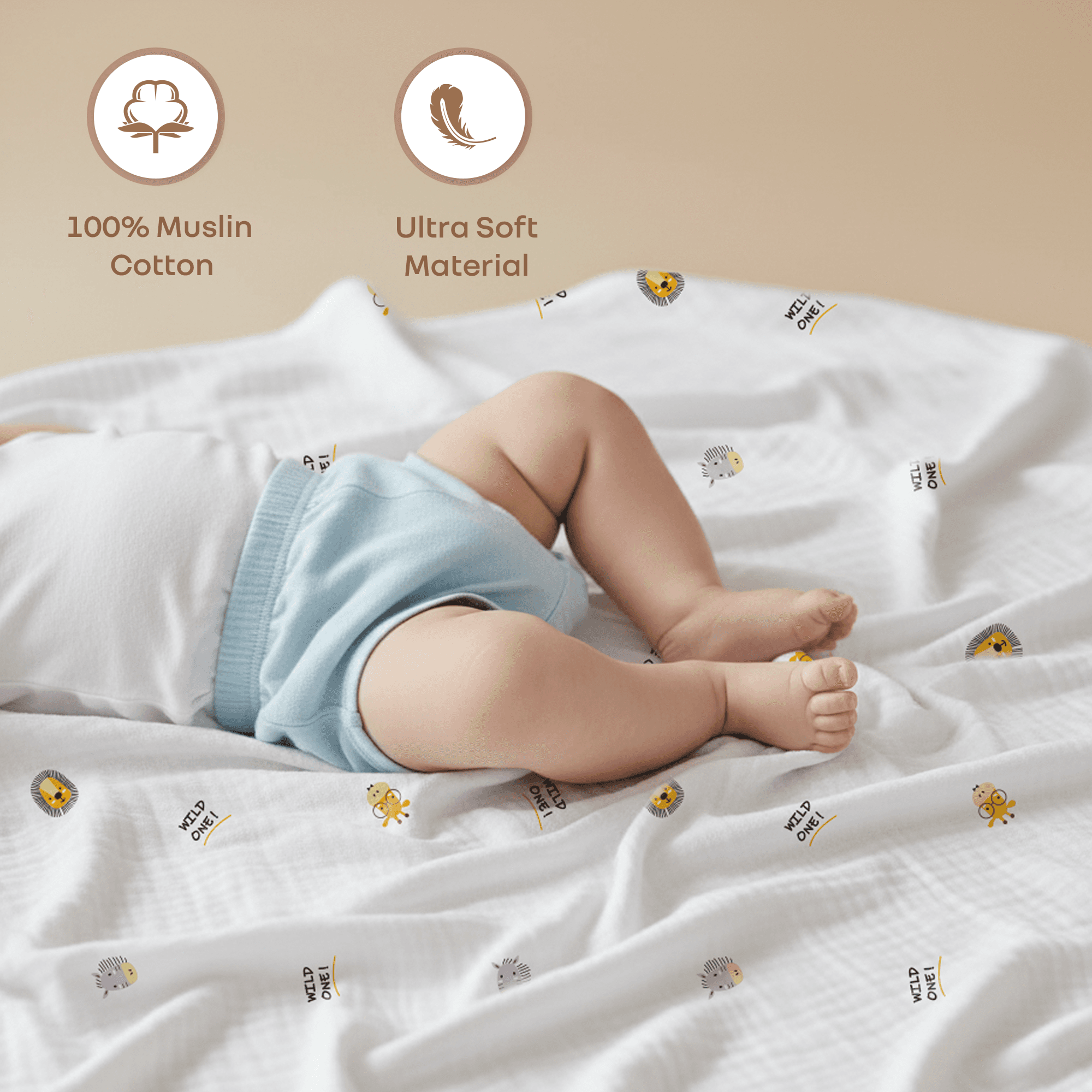 R for Rabbit Softkins Muslin Blanket for Newborn Baby 6 Layers Cotton Fabric Soft Breathable Lightweight All-Season Swaddle for Cuddling Stroller Rides Naptime 100 x 100 cms, 0+ Months (Safari White)