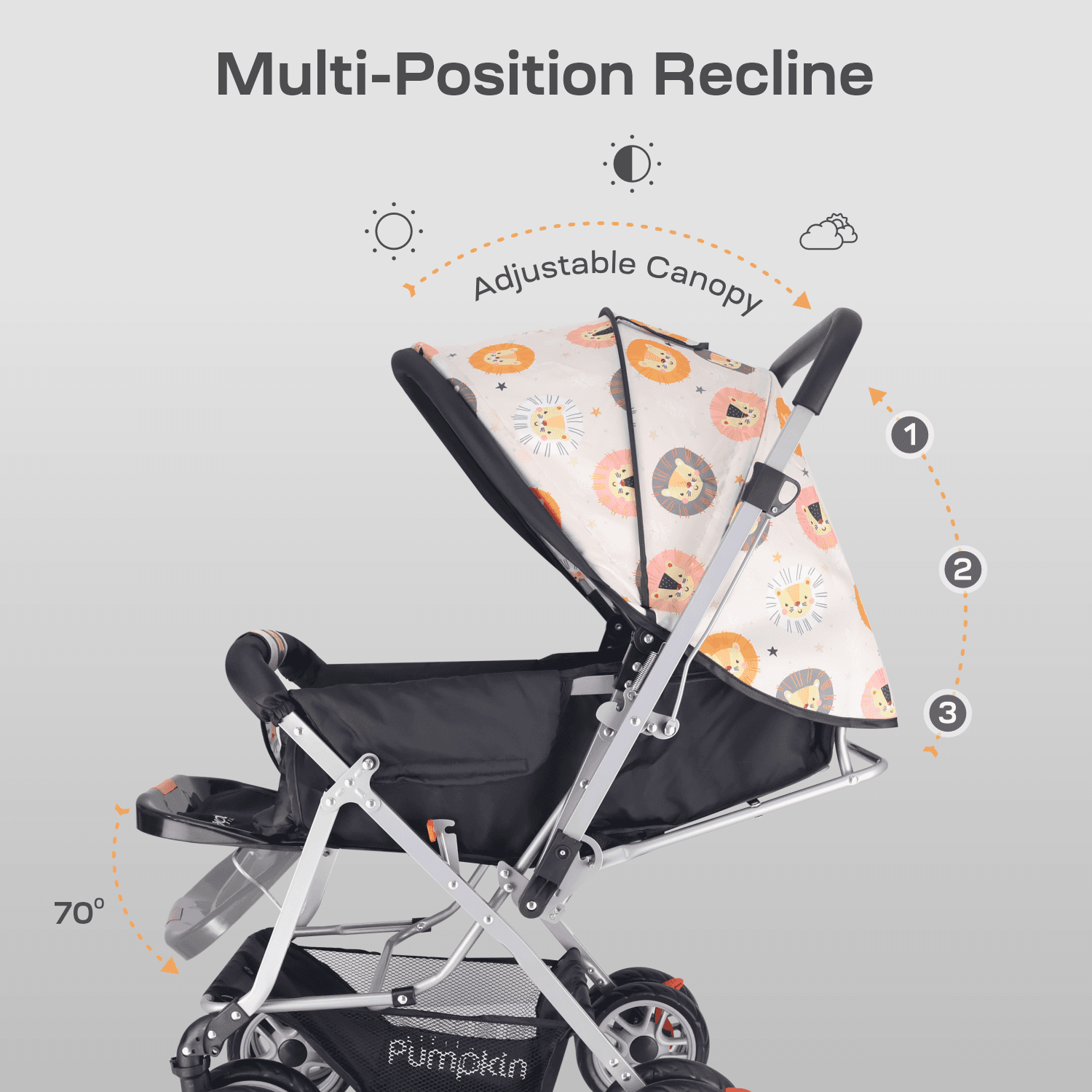Little Pumpkin by R for Rabbit Kiddie Kingdom Baby Stroller Pram with 3 Position Recline, Adjustable Backrest, 360° Swivel Wheel, Storage Basket, Reversible Handle for Kids 0 to 3 Years (Black Safari)