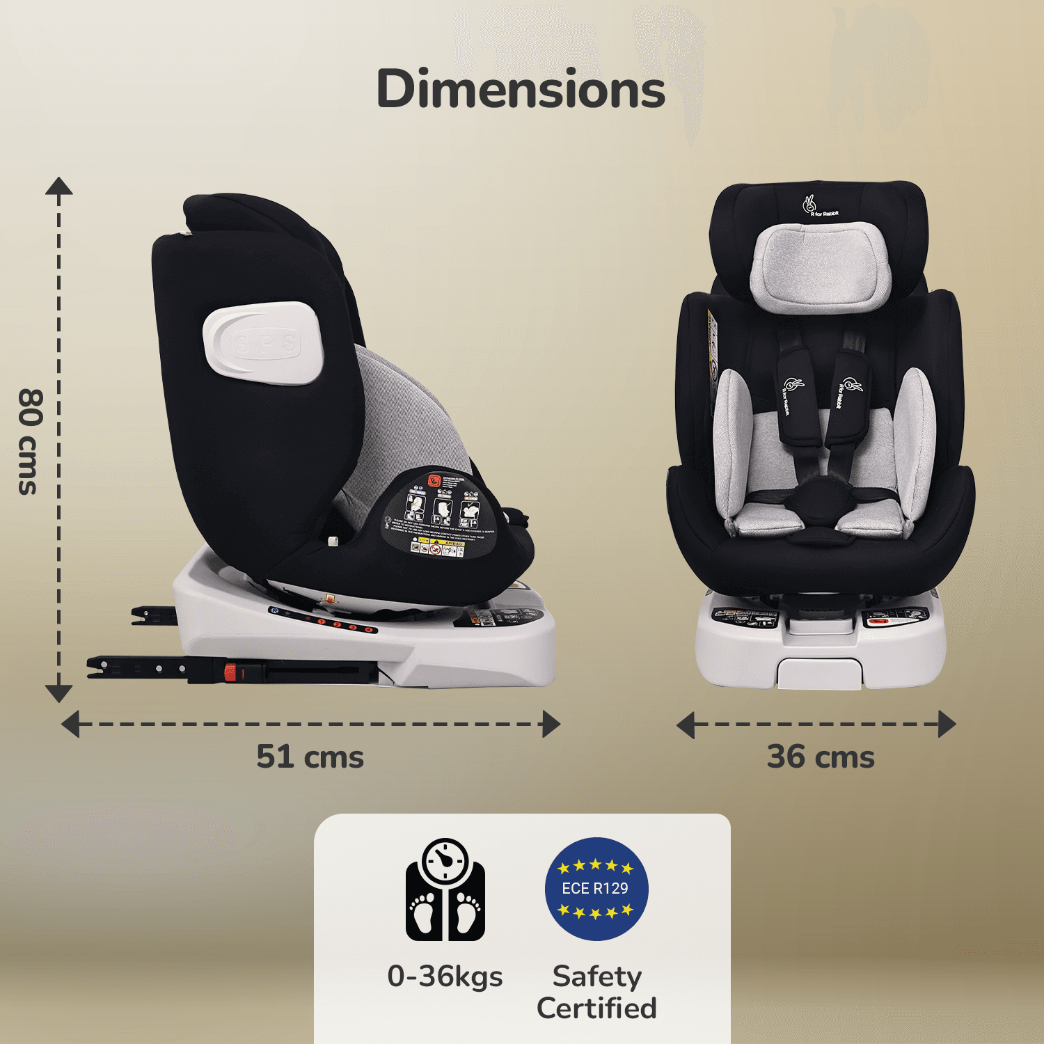 R for Rabbit Jack N Jill ISOFIX Plus i-Size Baby Car Seat Convertible 360 Rotatable for Kids of 0 to 12 Years Age Anti Rollover Support Leg with 5 Point Safety Harness ECE R129 Certified (Black Grey)