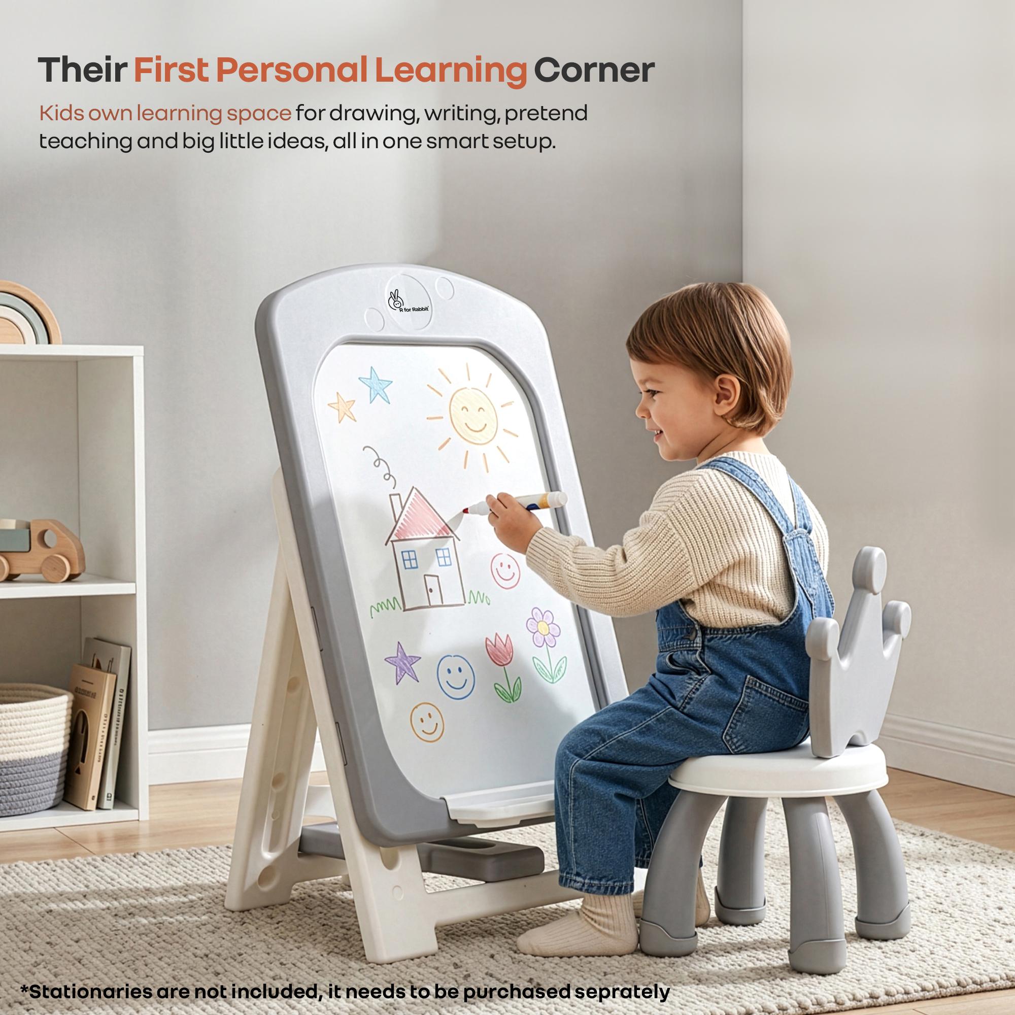 R for Rabbit Little Genius Doodle Whiteboard for Kids Drawing Activity Board Rounded Corner Design Foldable 7-Level Adjustable Height & Handy Storage Tray for 3-7 Years Kids (Grey White)