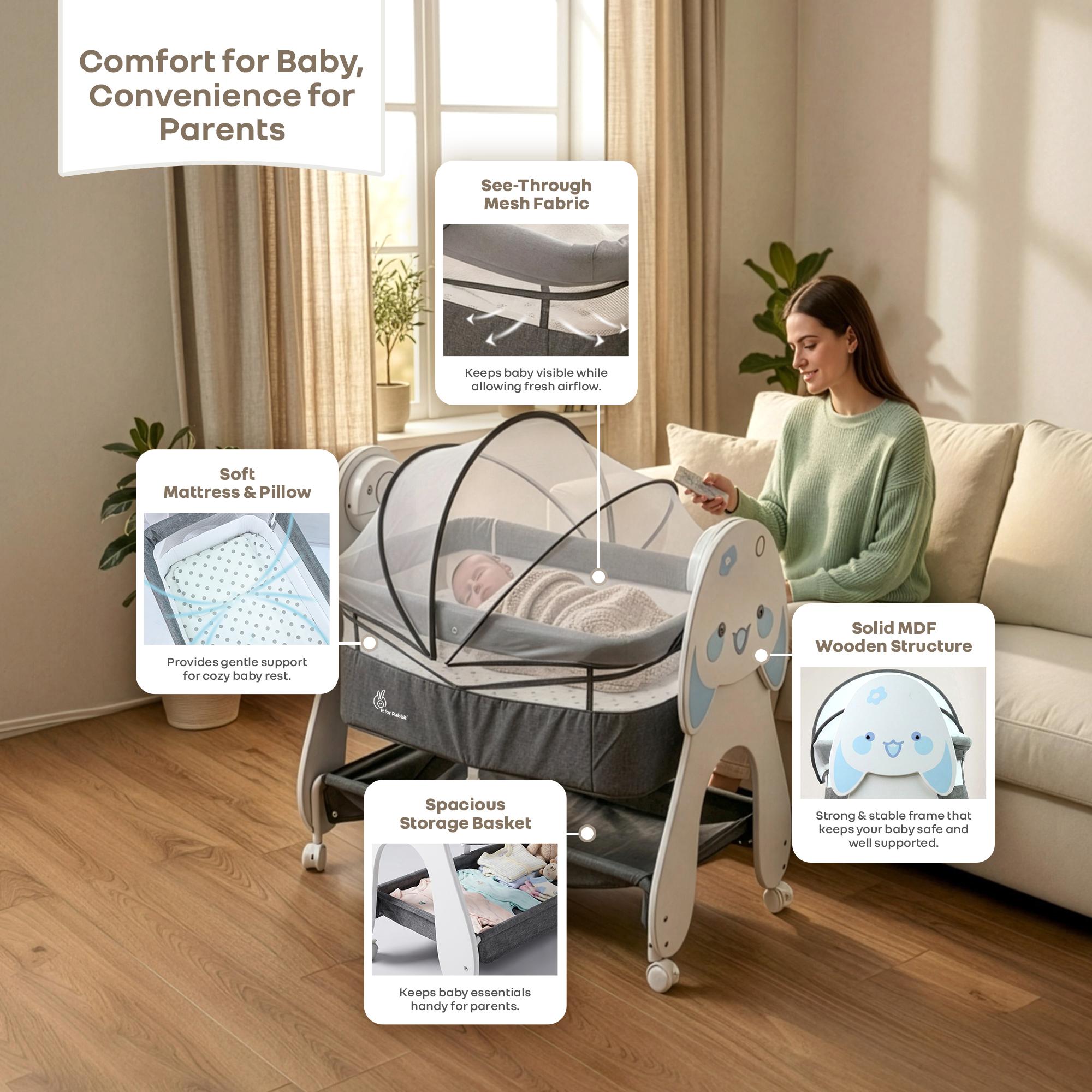 R for Rabbit Lullabies Woodsy Bunny 2 in 1 Electric Baby Cradle with Automatic Swing, Music, Bluetooth, Timer, Storage Space, Mattress & Wheels | Convertible Cot/Bassinet for 0-18 Months (Grey White)