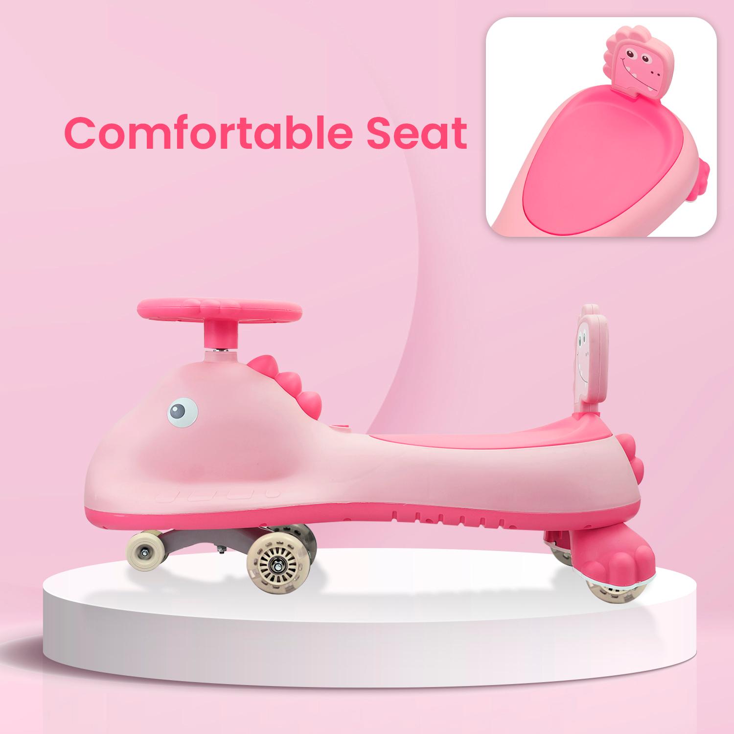 R for Rabbit Iya Iya Dino Kids Swing Car, Twister Panda Car with PU LED Wheels ABEC 7 Bearing with Music, Push Ride on for 3+ Years Baby Boy Girl, 100 Kgs Weight Capacity (Blush Pink)