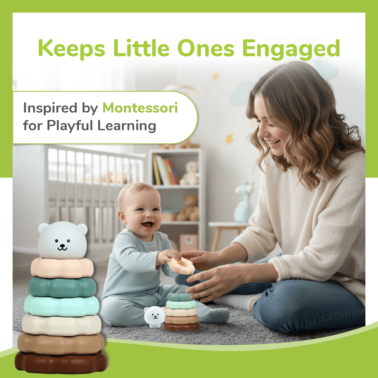 R for Rabbit Orapple Teddy Stacker Stacking Rings Toy Sorting Tower Game Smooth Rounded Edges BPA Free Educational Interactive Learning Toys for Kids Baby Girls Boys (Grey Teddy)