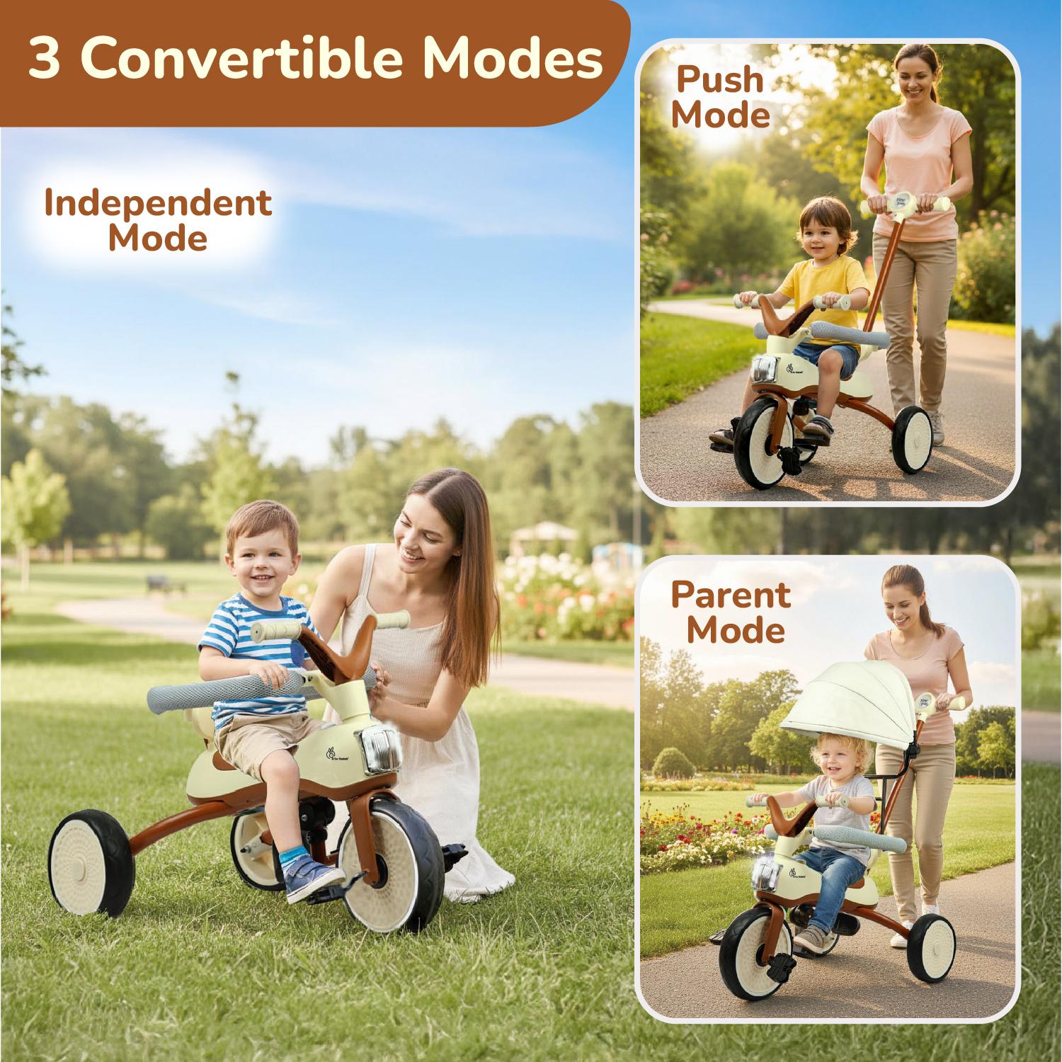 R for Rabbit Tiny Toes Karizma Tricycle for Kids with Light & Music, Parental Control, EVA Wheels, Foldable Footrest, Comfy Seat with Backrest, Baby Trike Cycle for 2-5 Years, Up to 25kg (Cream Brown)