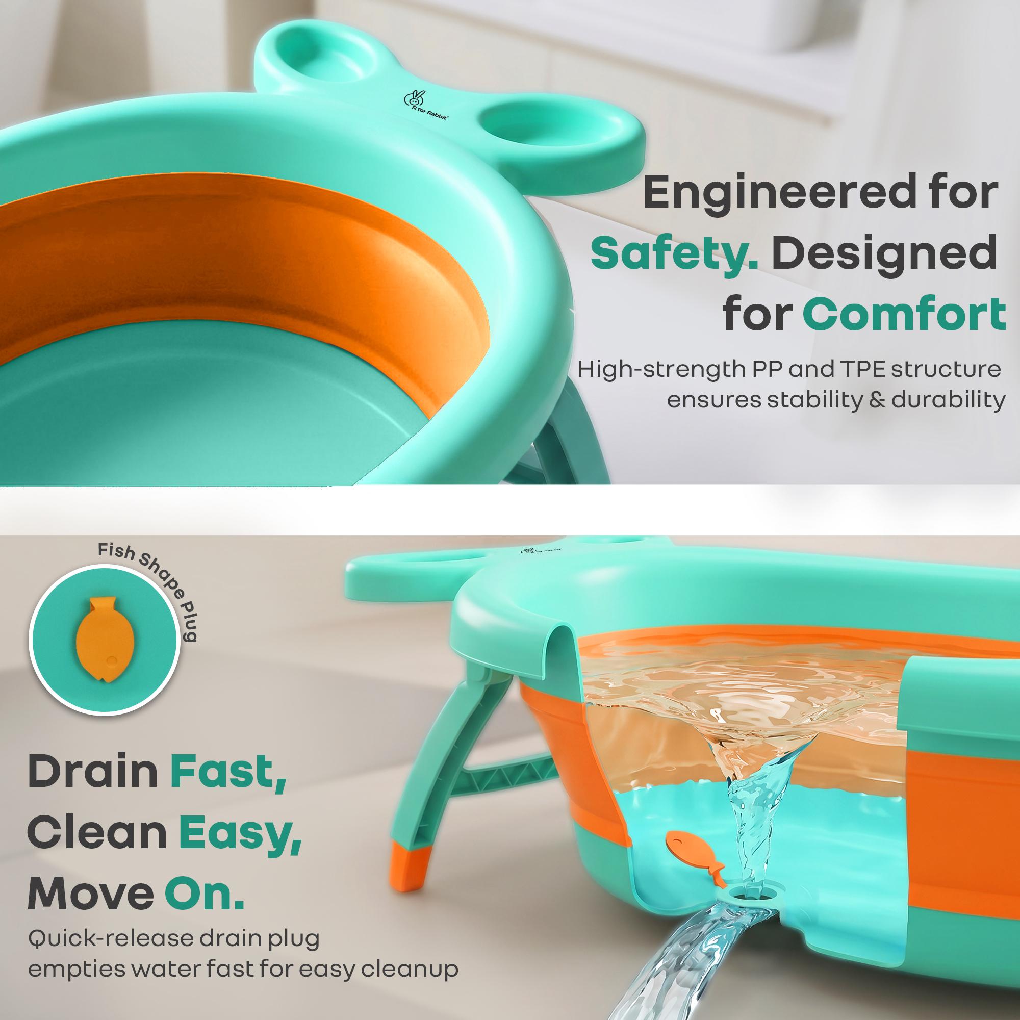 R for Rabbit Bubble Double Finzy Baby Bath Tub Foldable for Kids 9 Months-3 Years | Womb Cocoon Bathtub Design | Anti-Skid Base | Quick Drain Plug | Space Saving Pool Bather with Tray (Green Orange)
