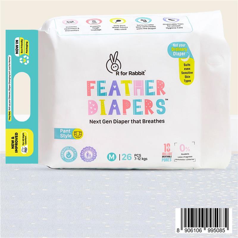R for Rabbit Feather Diaper Pants Size M|Medium for baby of 7-12 kgs (Pack of 26)
