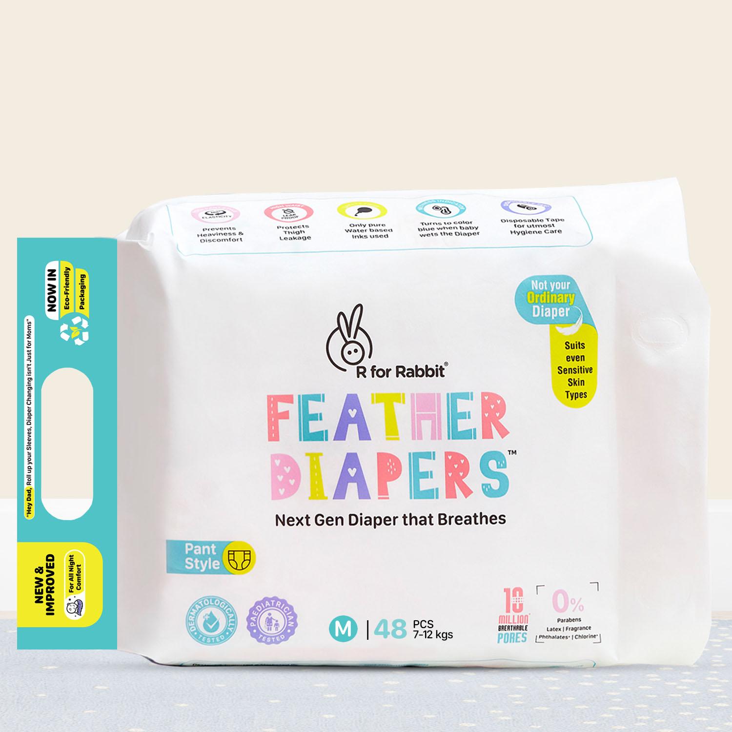 R for Rabbit Feather Diaper Pants Size M|Medium for baby of 7-12 kgs (Pack of 48)