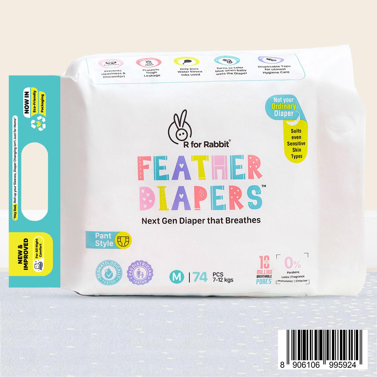 R for Rabbit Feather Diaper Pants Size M|Medium for baby of 7-12 kgs (Combo Offer Pack of 74)
