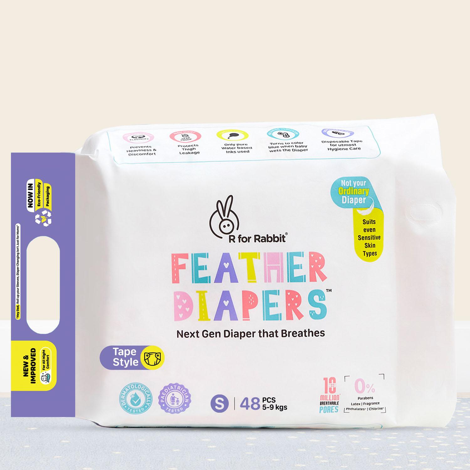 R for Rabbit Tape Style Feather Diaper Small (S) Size for Baby 5 to 9 kgs 48 Units (48 Count, Pack Of 1)