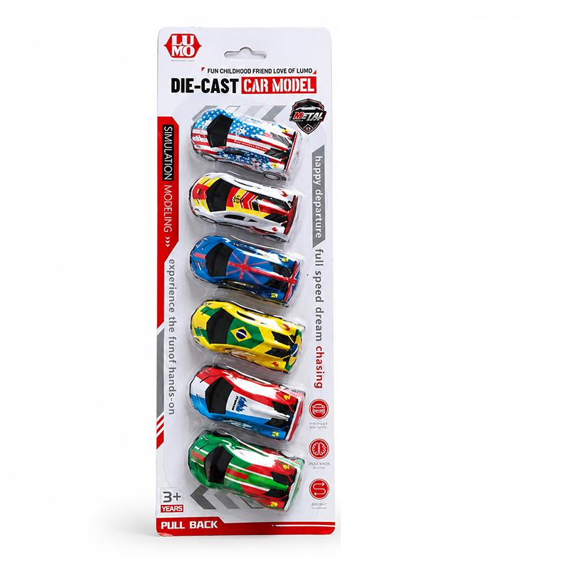 Pull Back Toy Racing Cars Set, Die-Cast Metal, World Flag Designs, 6 Pack, for Kids Aged 3 Years and Above