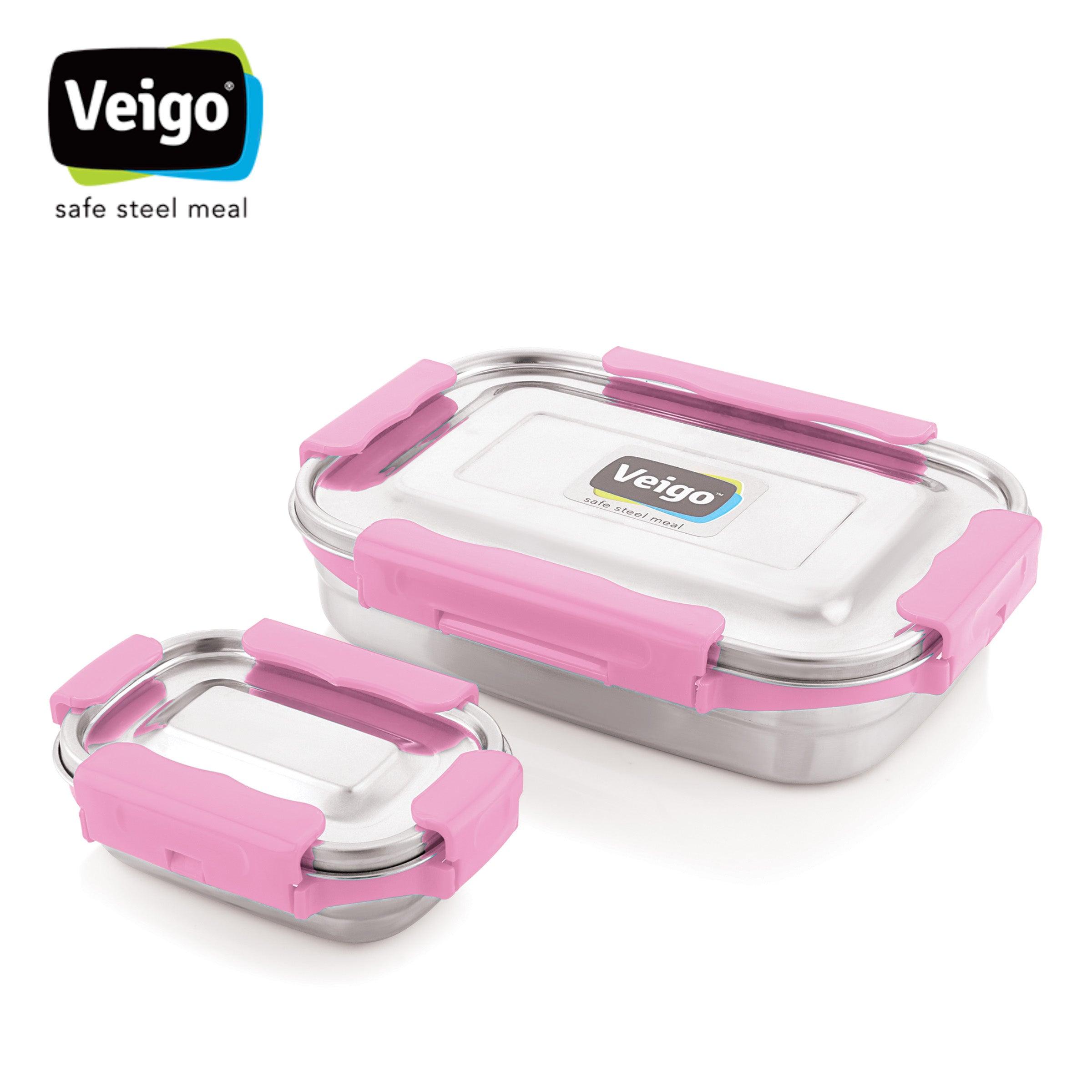 Veigo MaxoSteel Jumbo Combo- 1 Stainless Steel Lunch Box with Reverse clip mechanism & Small Veg Box Inside(950 ml + 200 ml) comes with Flat Insulated Pouch, Pink