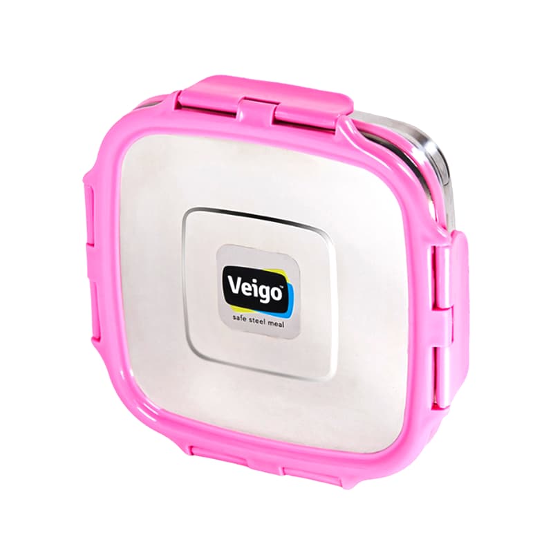Veigo Sandwich Stainless Steel Airtight Box with Silicon Ring & Lid Lock, Pink