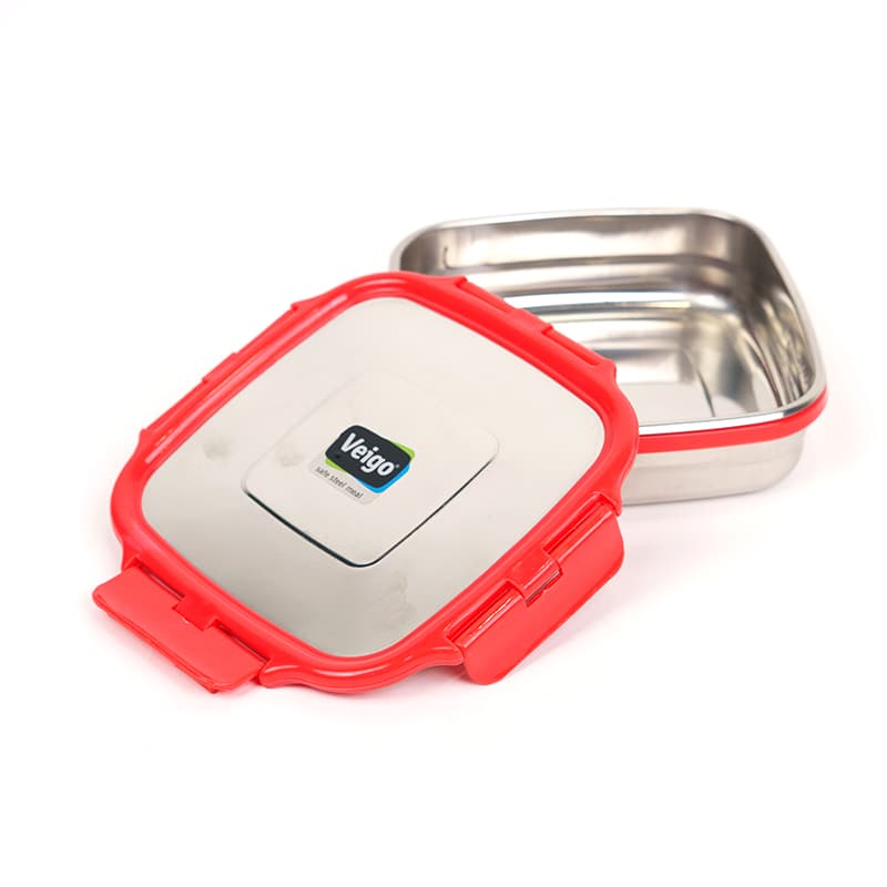Veigo Sandwich Stainless Steel Airtight Box with Silicon Ring & Lid Lock, Red