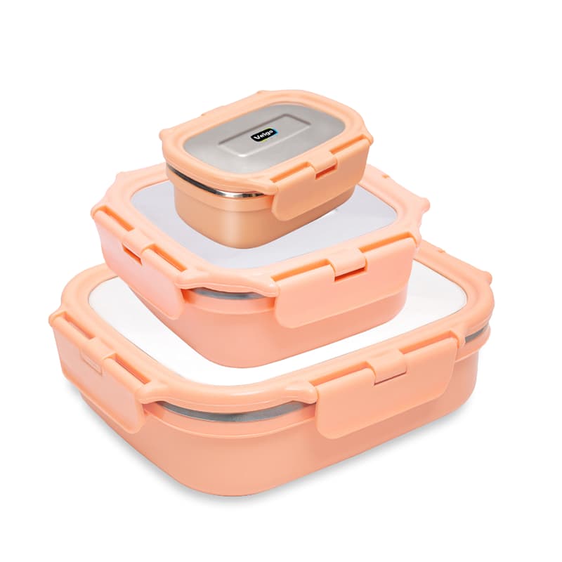 Veigo Heat-Up Stainless Steel, Microwave Safe Lunch Boxes (630 Ml+ 330 Ml+ 180 Ml), Peach