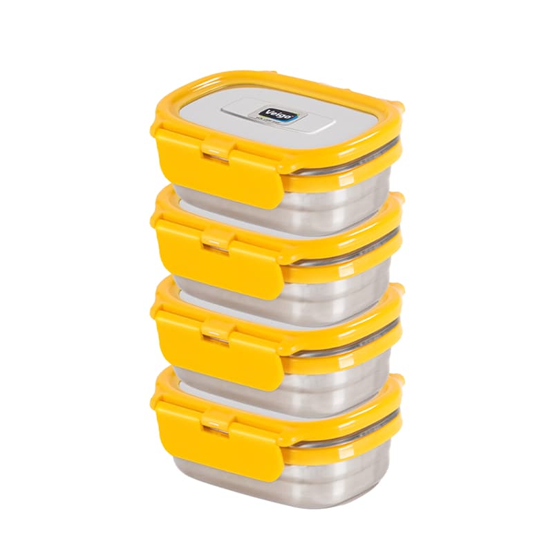 Veigo Chutney & Condiment Storage Dabbi - Set of 4 Small Veg Stainless Steel Leakproof & Airtight Boxes, Yellow