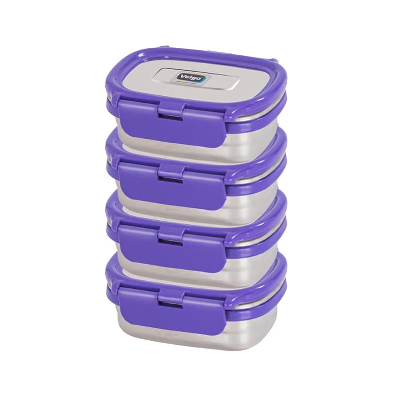 Veigo Chutney & Condiment Storage Dabbi - Set of 4 Small Veg Stainless Steel Leakproof & Airtight Boxes, Violet