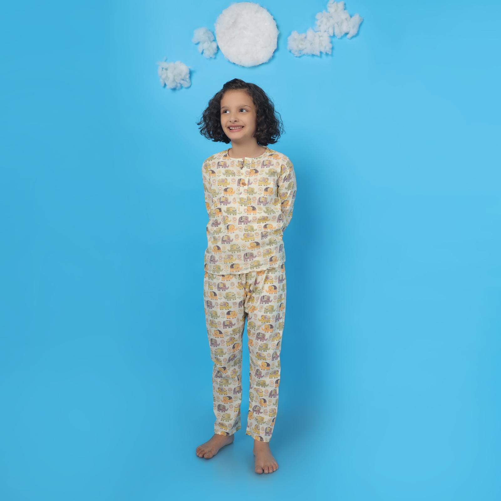 Kids Cotton Elephant Print Nightsuit – Cream Full Sleeves Kurta & Pants Co-ord Set | Unisex Nightwear & Loungewear | BREATHABLES