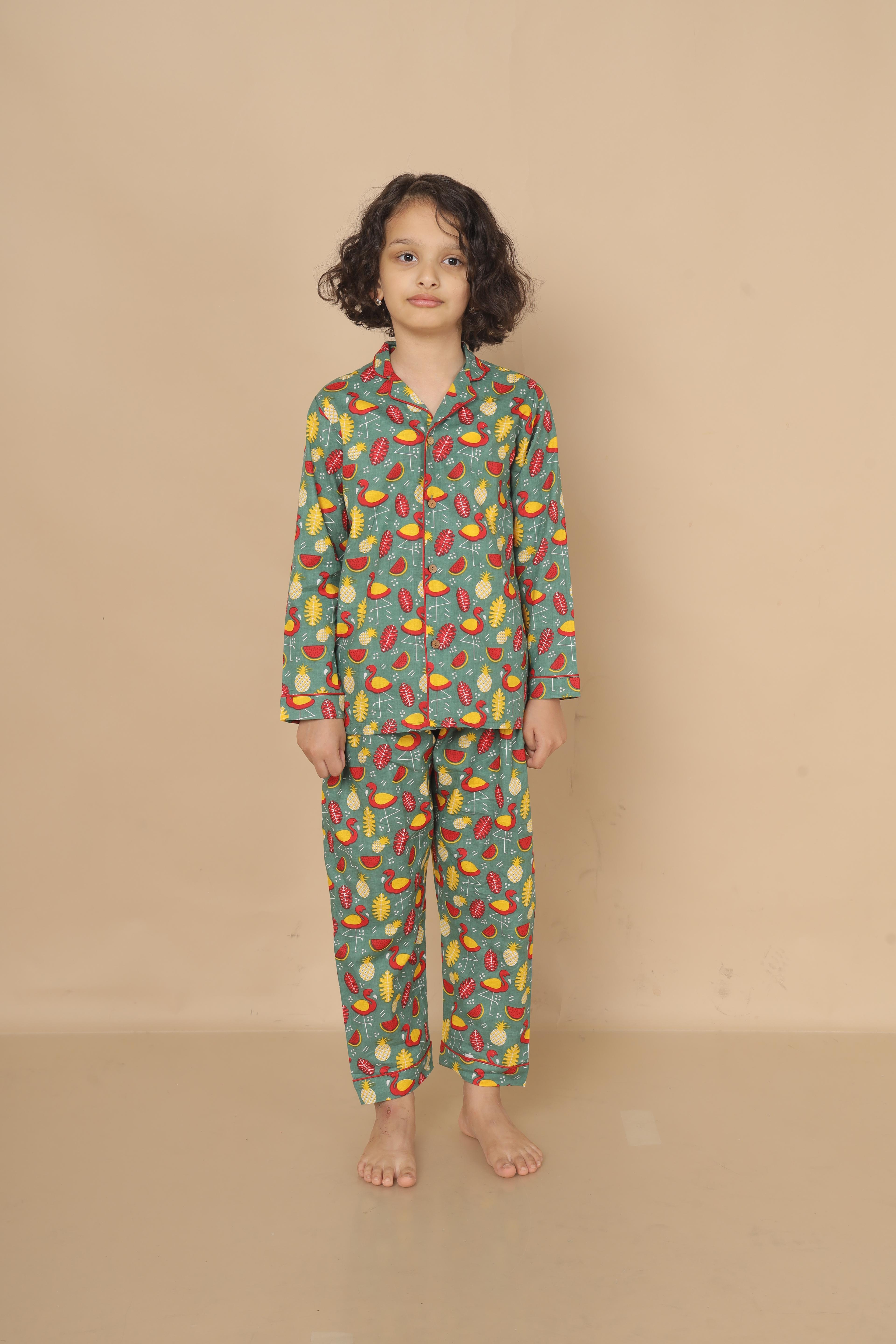 Kids Cotton Watermelon & Pineapple Print Nightsuit – Green Full Sleeves Shirt & Pant Co-ord Set | Nightwear | BREATHABLES