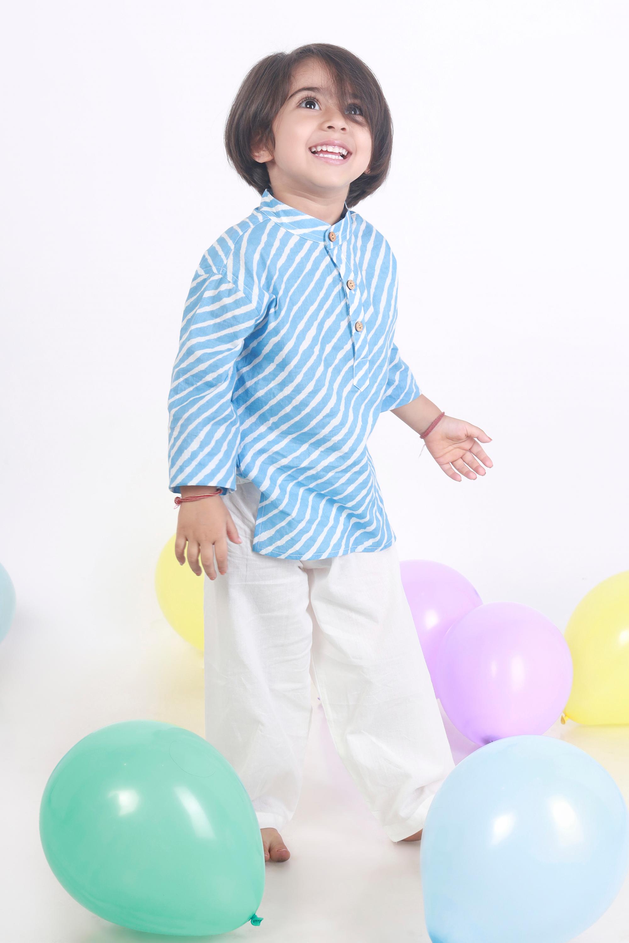 Kids Cotton Nightsuit – Blue Striped Kurta & Pyjama Co-ord Set for Boys & Girls | BREATHABLES