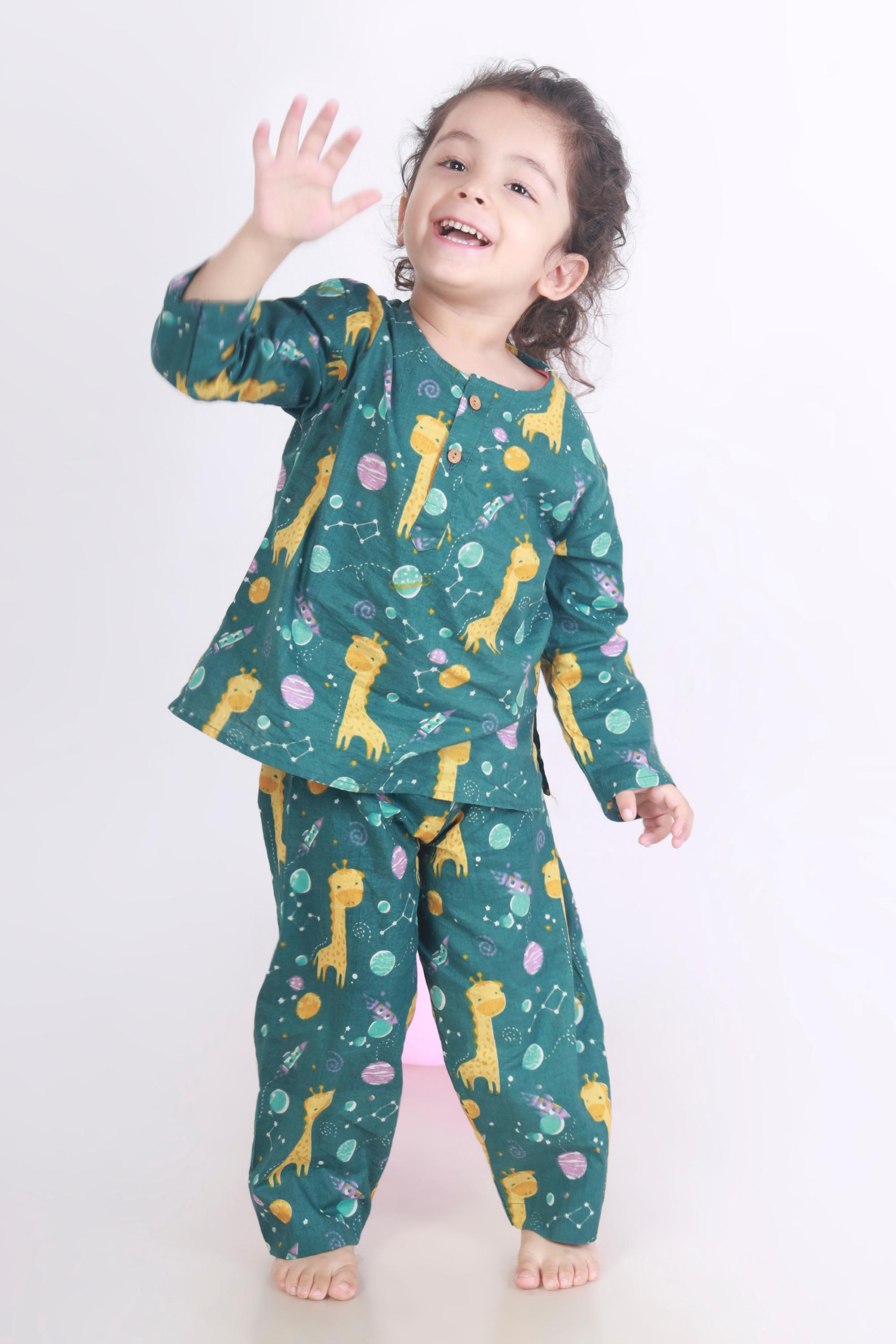 Green Giraffe Print Cotton Nightsuit Set for Kids | BREATHABLES