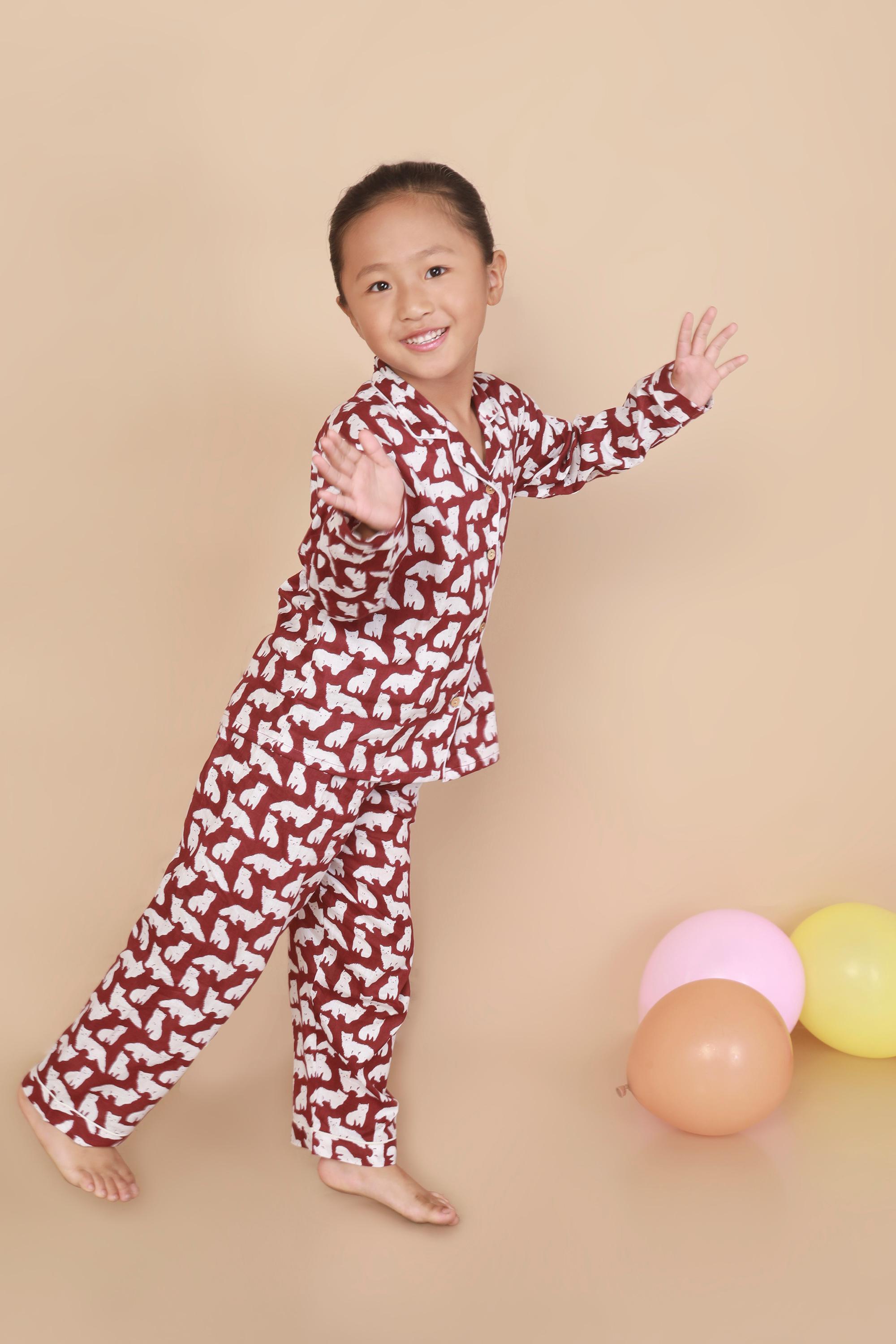 Kids Cotton Nightsuit – Maroon Cat Print Shirt & Pyjama Co-ord Set for Boys & Girls | BREATHABLES