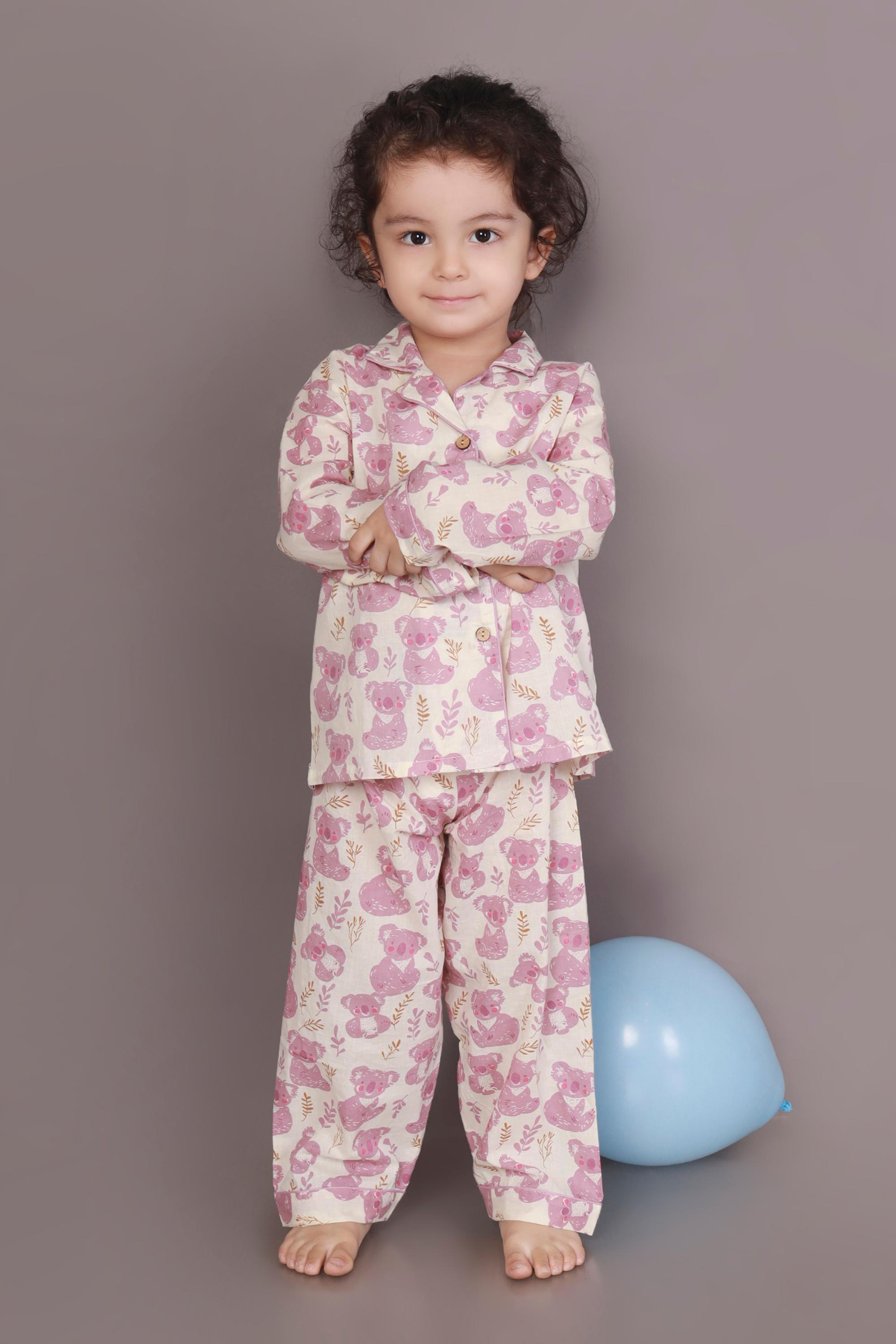 Kids Cotton Nightsuit – White & Pink Teddy Shirt & Pyjama Co-ord Set for Boys & Girls | BREATHABLES