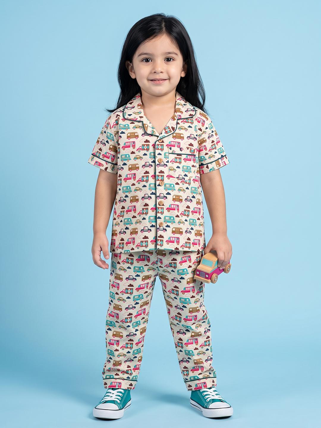 Kids White Bus & Cars Print Cotton Nightsuit Co-ord Set for Boys and Girls | BREATHABLES