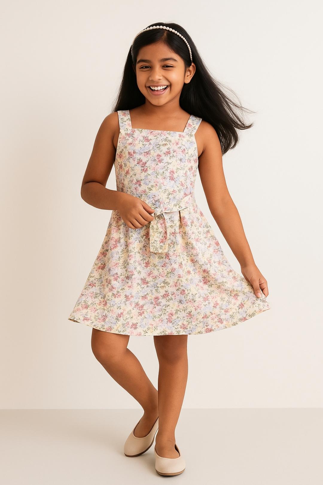 TALES & STORIES Girls Multi Color Floral Printed Rayon A-Line Dress