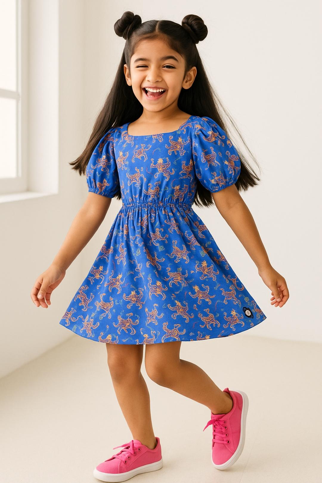TALES & STORIES Girls Blue Floral Printed Fit & Flare Dress