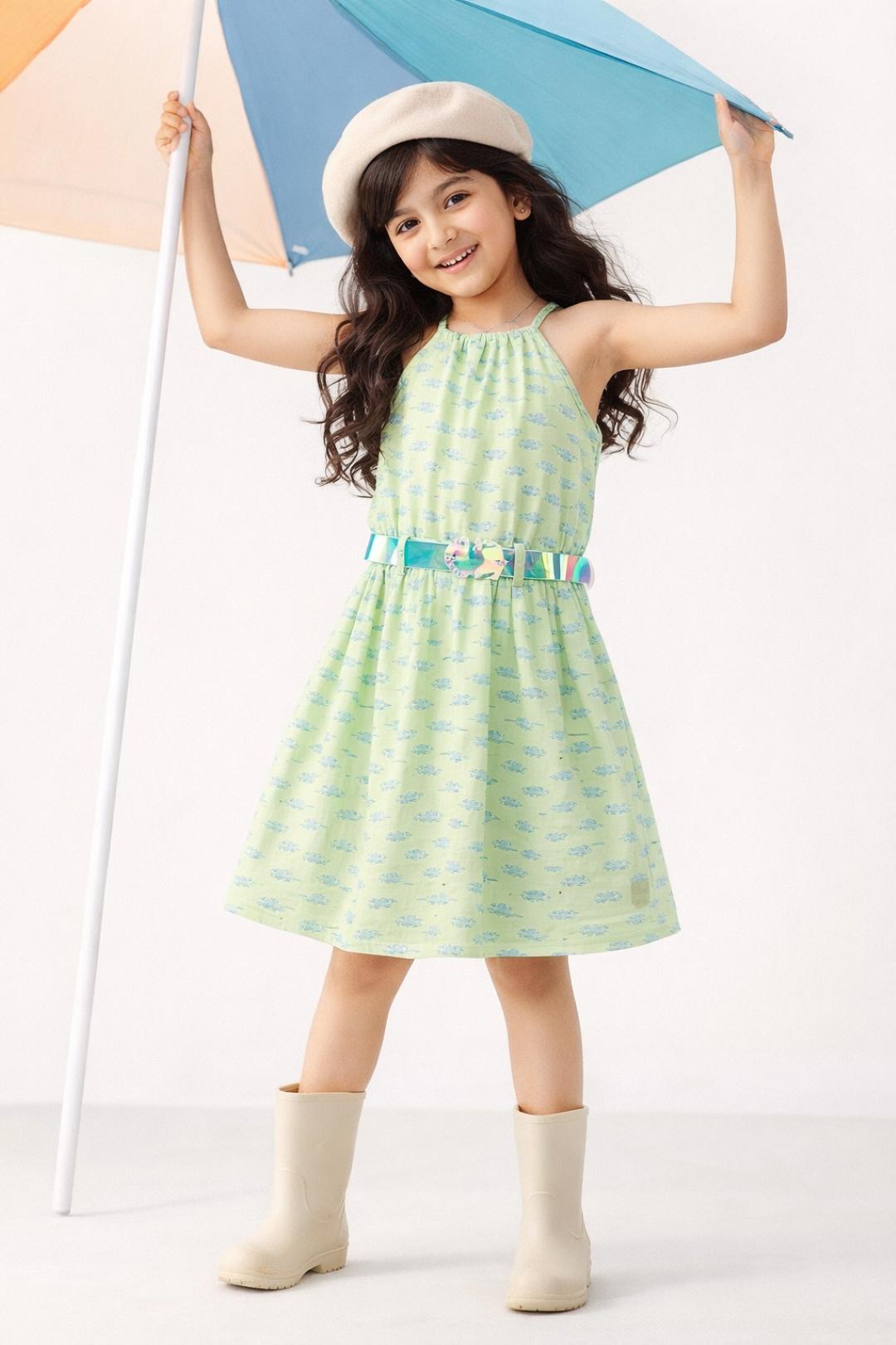 TALES & STORIES Girls Green & Grey Printed A-Line Dress