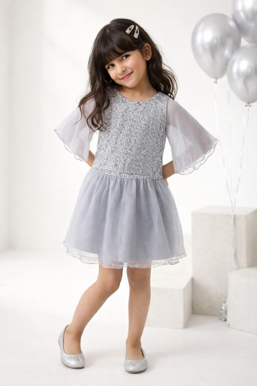 TALES & STORIES Girls Self Design Round Neck Flared Sleeves Fit & Flare Dress