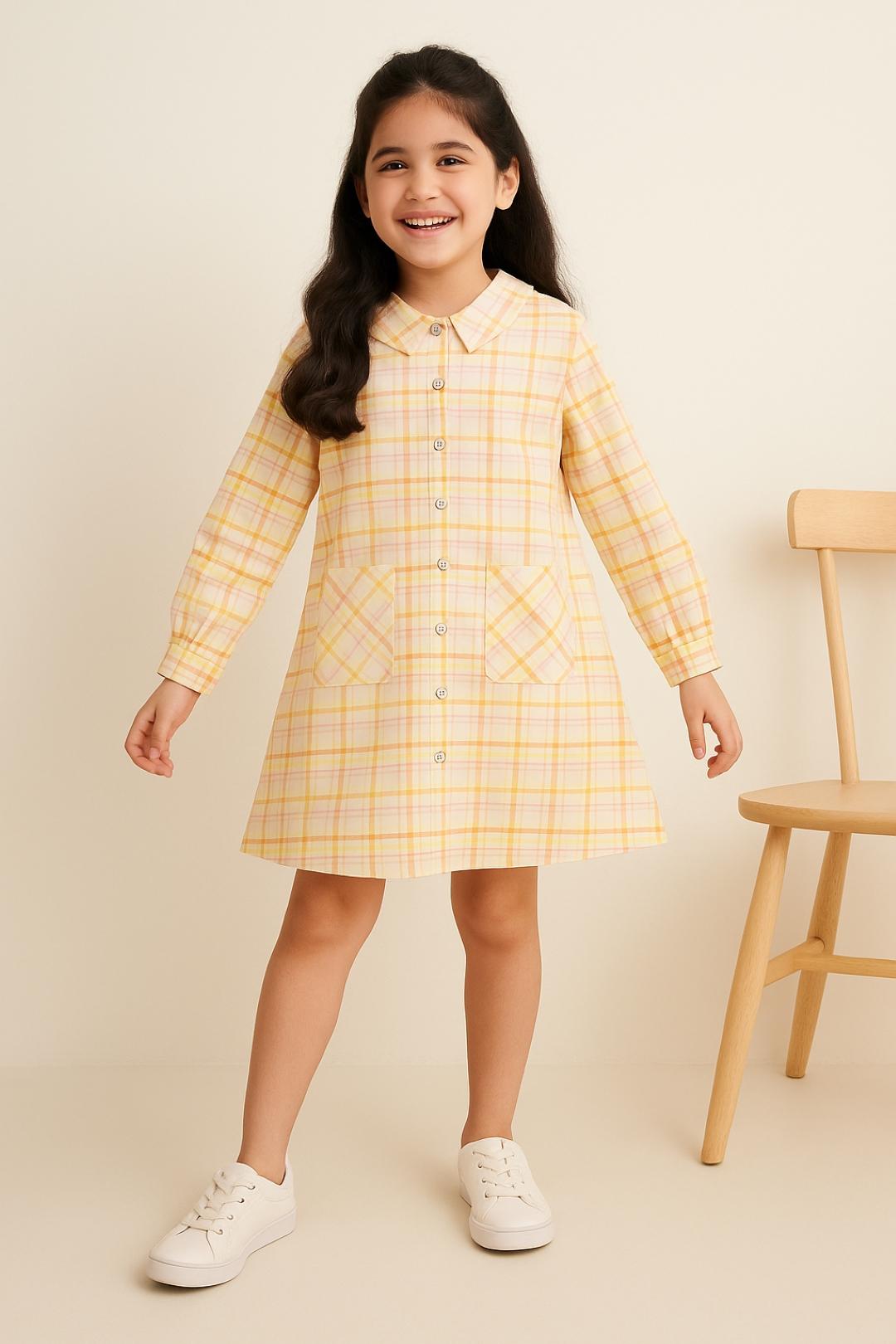 TALES & STORIES Checked Peter Pan Collar Puff Sleeve A-Line Dress