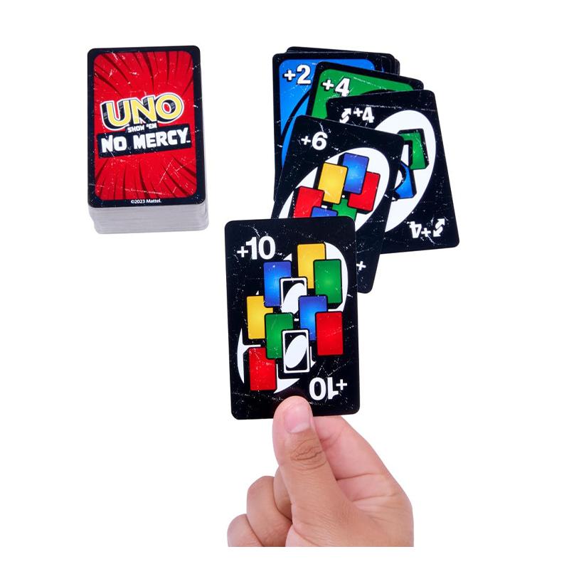 Mattel Games UNO Show ‘em No Mercy Card Game for Kids, Adults & Family Parties and Travel with Extra Cards, Special Rules and Tougher Penalties.
