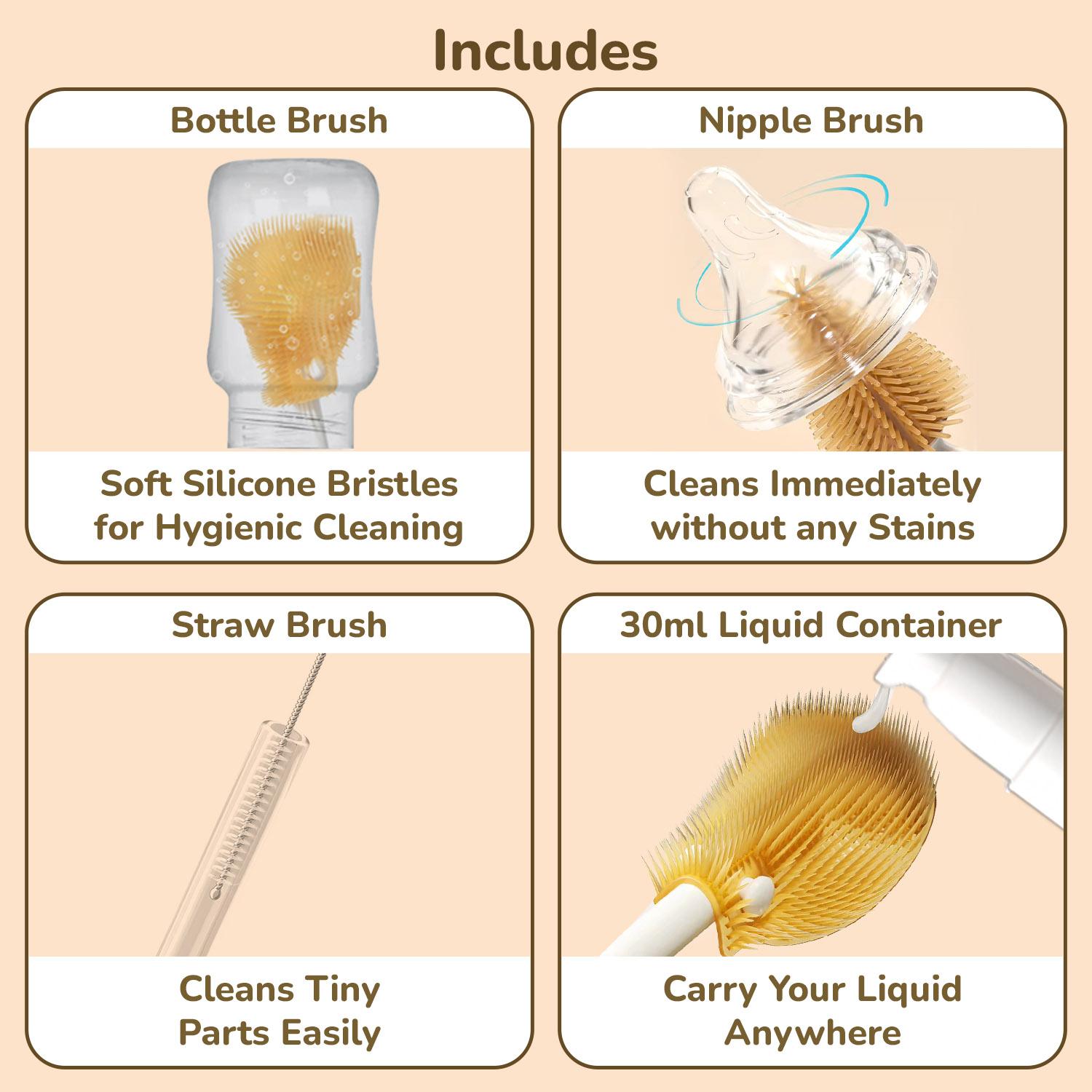R for Rabbit Hygo Care Jumbo Baby Bottle Cleaning Brushes, Nipple, Straw & Feeding Bottle Cleaner Set with 30 ml Travel-Sized Spray Container, BPA-Free Silicone Bristles, Built-in Drying Rack (Beige)