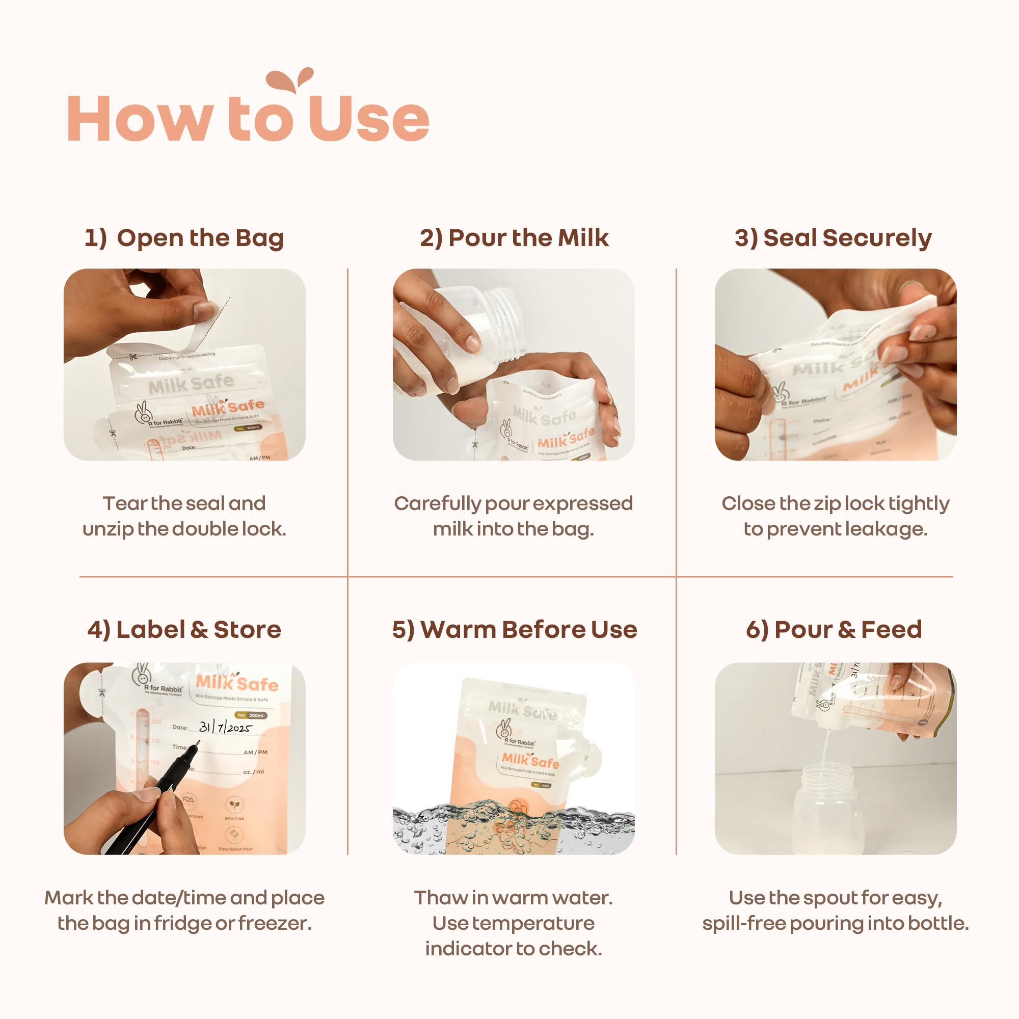 R for Rabbit Milk Safe Breast Milk Storage Bag, 200 ml (Pack of 30), BPA Free Leak Proof Zip Lock Pre-Sterilized Disposable Freezer Pouch for Breastfeeding Baby with Smart Temperature Indicator