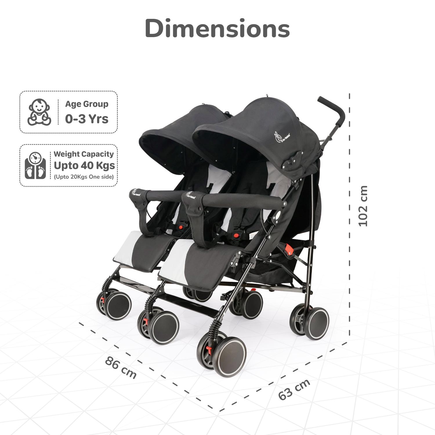 R for Rabbit Ginny And Johnny | Twin Baby Stroller & Pram Easy Foldable With Adjustable Seating Positions With Huge Storage Basket | Age 0-3 Yrs & Weight Upto 20 Kg (Black Grey)