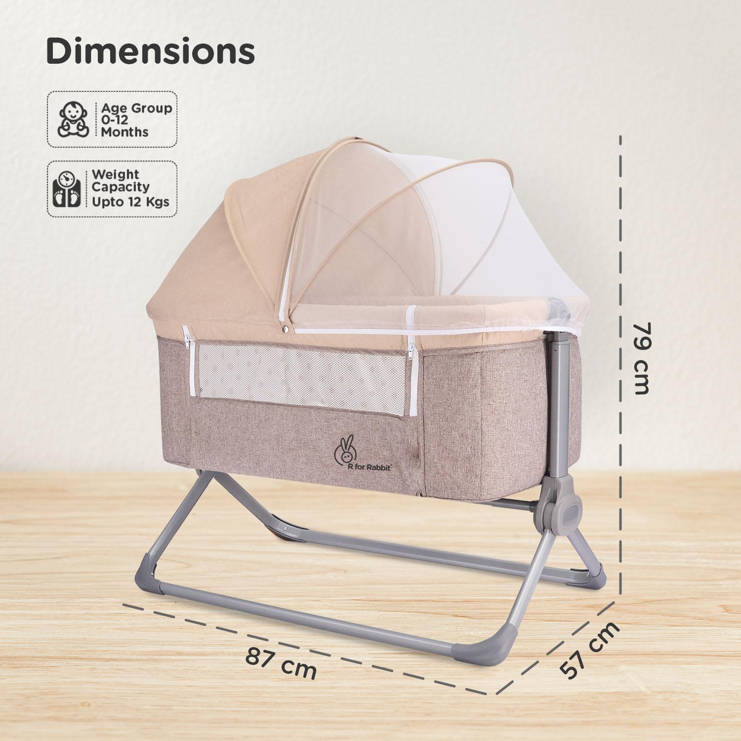 R for Rabbit Hop A Little Baby Cot Bedside Bassinet for Kids | 4 Level Height Adjustment Crib with Breathable Mesh for 0 to 12 Months Infant Weight Capacity Upto 20kgs (Beige)