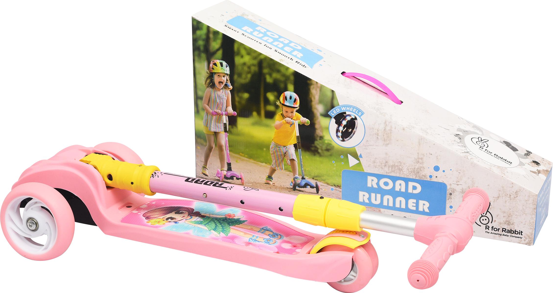 R for Rabbit Road Runner Scooter for Kids of 3 to 14 Years Age 4 Adjustable Height, Foldable, LED PU Wheels & Weight Capacity 75 kgs Kick Scooter with Brakes (Pink)