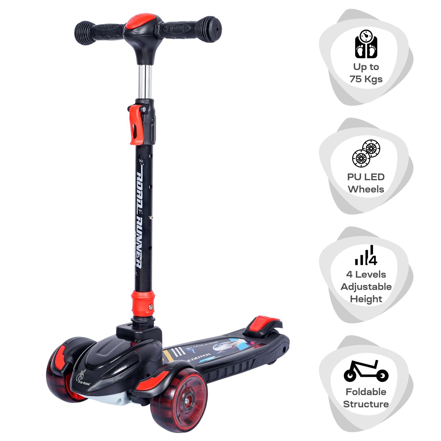 R for Rabbit Road Runner Racer Scooter for 3+ Years Kids, 4 Level Height Adjustment, PU LED Wheels & Weight Capacity Upto 75 kgs Kick Scooter (Pure Black)