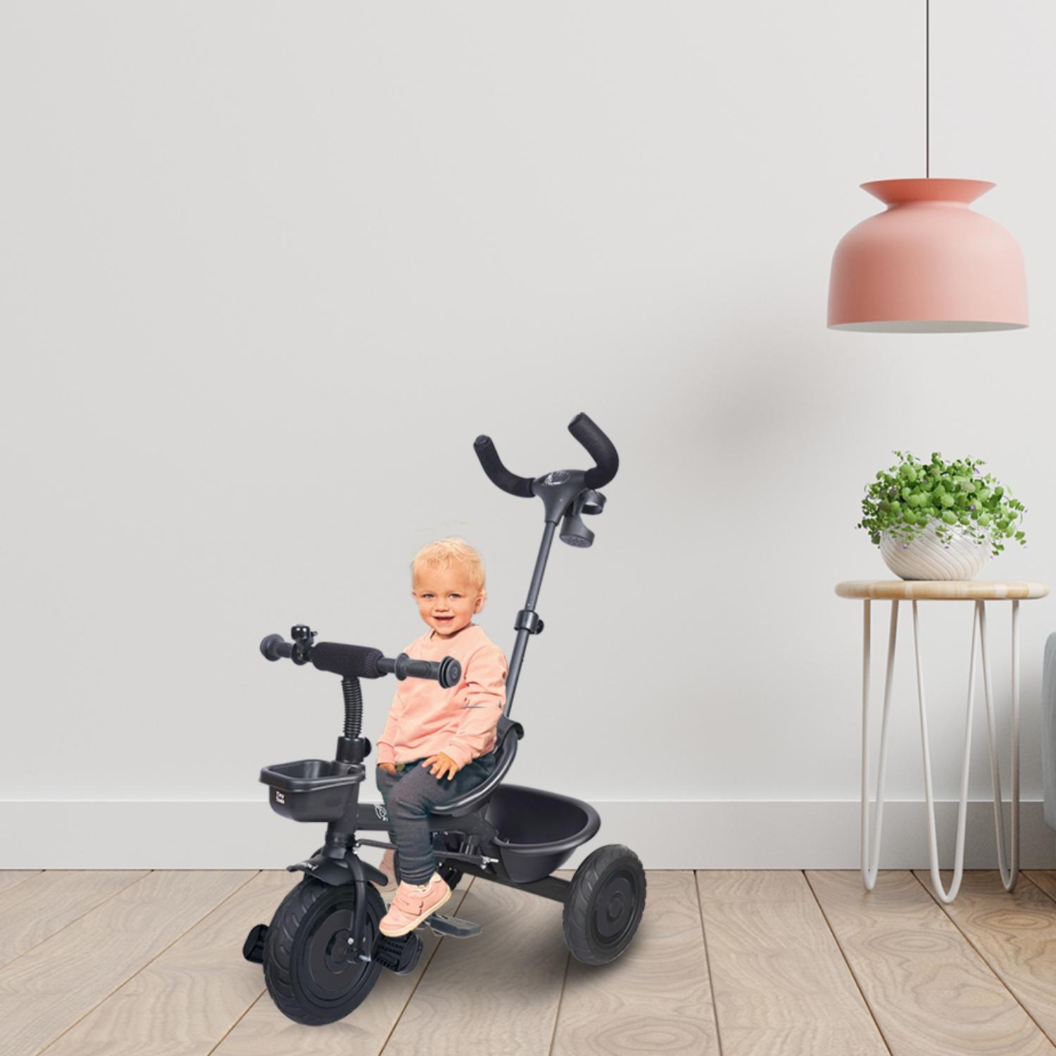 R for Rabbit Tiny Toes T20 Plus Tricycle for Kids with Rubber Wheels, Adjustable Parental Control, Seat Belt & Storage Basket | Baby Trike Cycle for 1.5 to 5 Year, Upto 25 Kg Boy & Girl (Black)