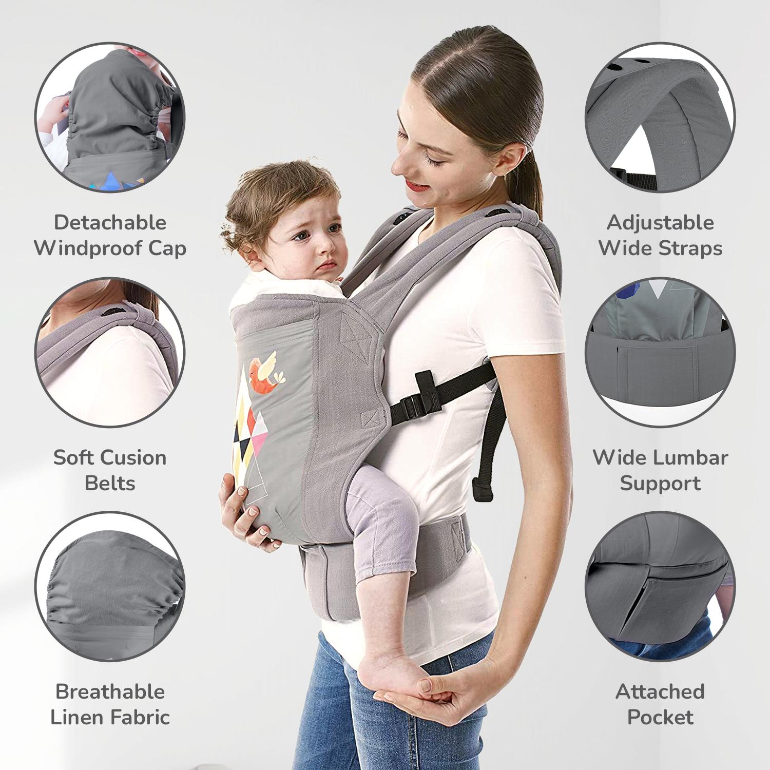 R for Rabbit Hug Me Elite Baby Carrier for 0 to 3 Year Newborn | 3 in 1 Front Facing in-Out & Back Carry Position, Adjustable Ergonomic Strap Kangaroo Bag for 6 to 36 Month Kids Up to 15 Kg (Grey)