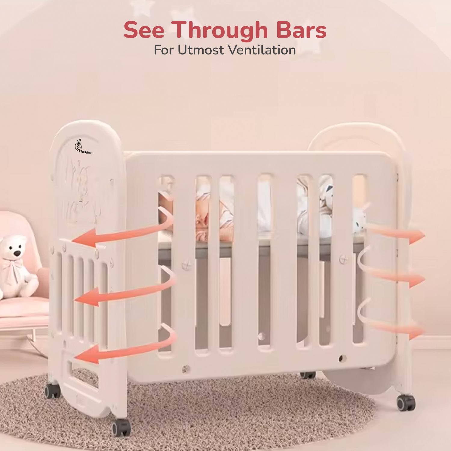 R for Rabbit Dream N Play 2-in-1 Rocking Baby Cot & Crib for Kids, 360° Wheels with Brakes Quick Assembly HDPE Material BPA Free for 0-3 Years Toddler Weight Capacity Up to 20kg (Beige)
