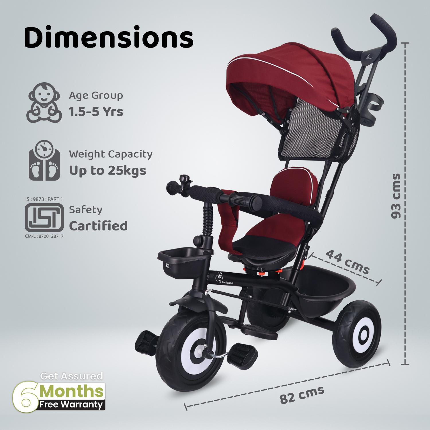 R for Rabbit Tiny Toes T40 Ace Tricycles for Kids with Premium EVA Wheels, 360° Rotatable Seat, Storage Basket & Canopy | Baby Trike Cycle for 1.5 to 5 Years, Upto 25 Kg Boy & Girl (Maroon Black)