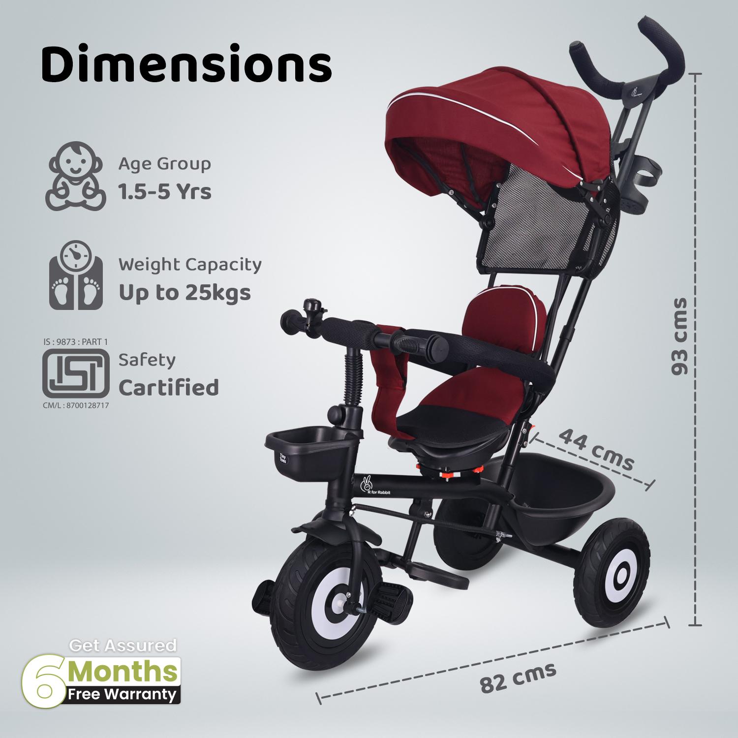R for Rabbit Tiny Toes T40 Plus Tricycles for Kids with Premium Rubber Wheels, 360° Rotatable Seat, Storage Basket & Canopy | Baby Trike Cycle for 1.5 to 5 Years, Upto 25 Kg Boy & Girl (Maroon Black)